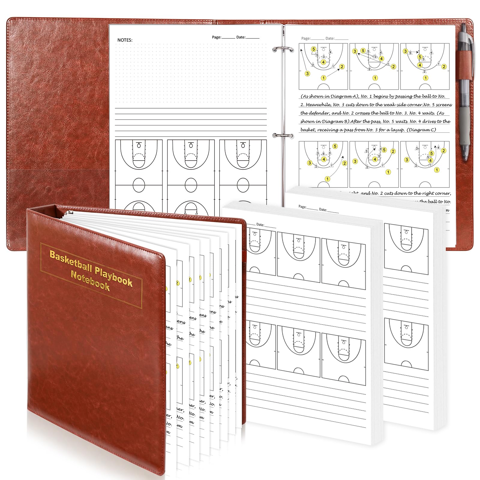 Basketball-Coach-Notizbuch, 63 Seiten, Playbook-Tagebuch, 21,6 x 27,9 cm, Basketball-Trainer-Ordner, Rotbraun, Basketball-Übungsplaner, Bohrer-Zubehör für Spieler, Studenten