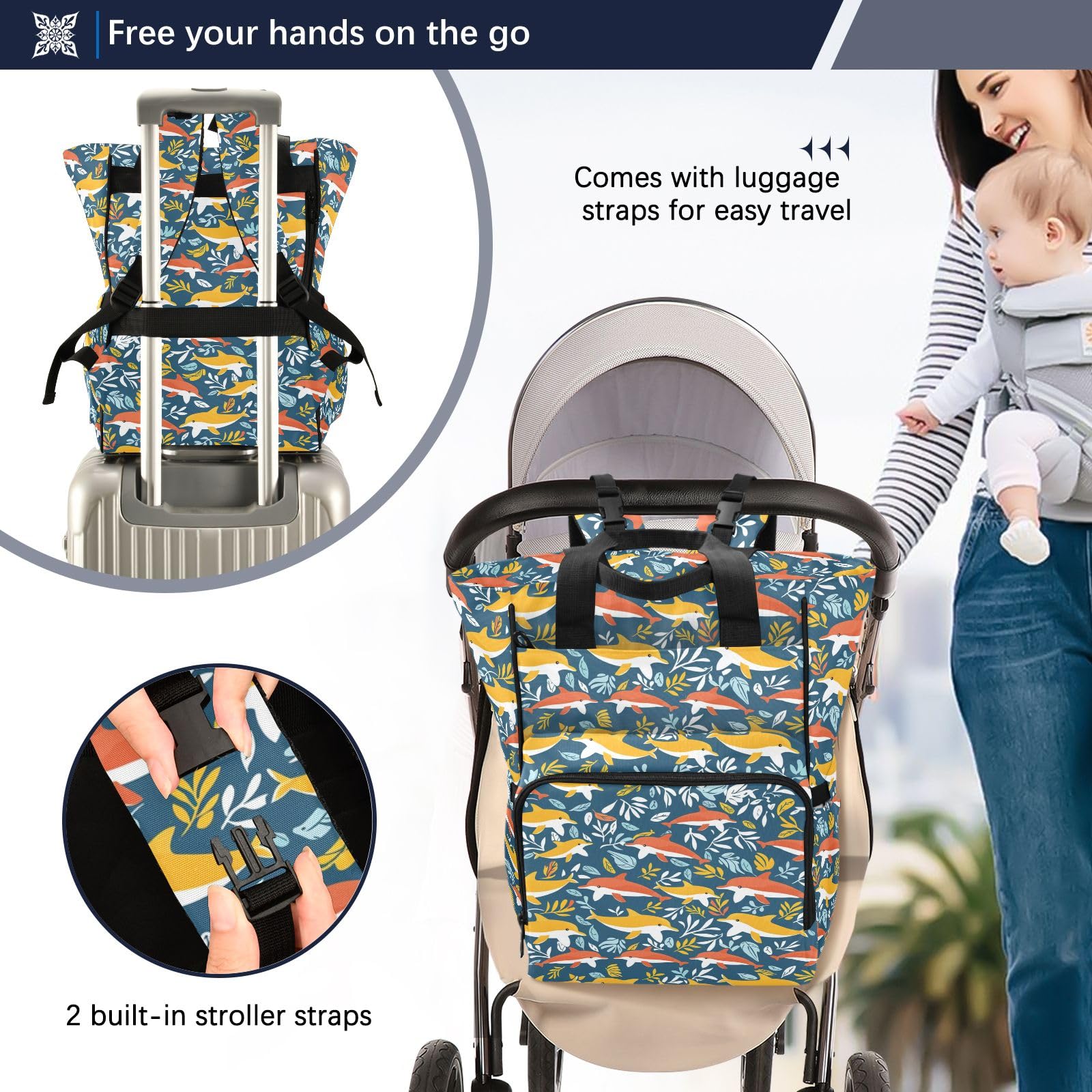 Mnsruu Leaf and Whale - Borsa per pannolini per bambini, zaino grande, impermeabile, da viaggio, per mamme e papà