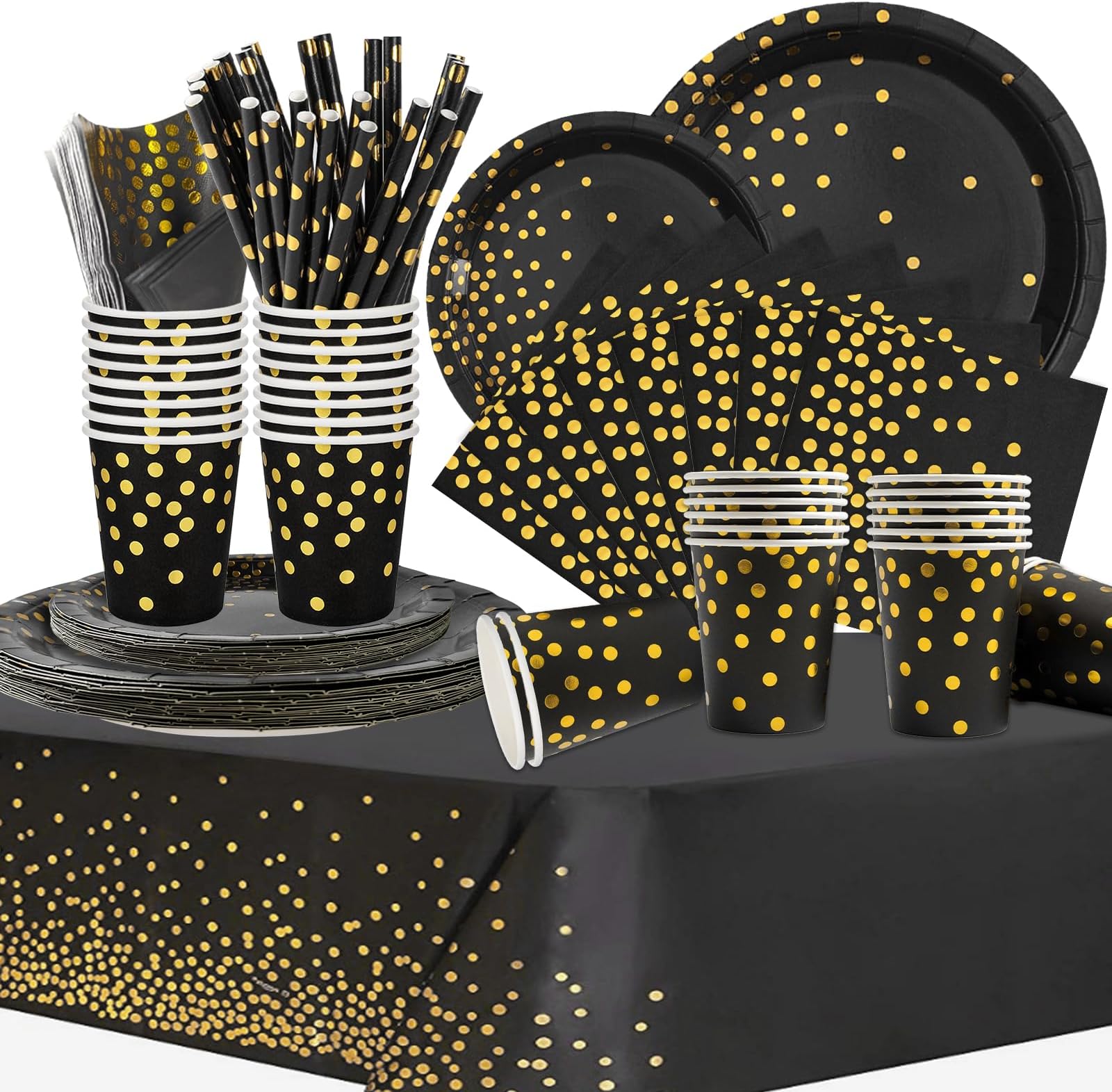 Party Supplies,Party Tableware Set,Black Gold Birthday Decorations Contain Plates Tablecloth Cups Napkins Paper Straws for Baby Shower Birthday Wedding Partys Anniversary(16 Guests)