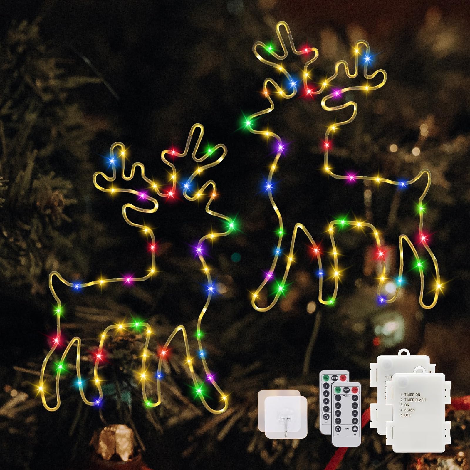 Illuminated Reindeer Christmas Decoration with Timer, 120 LED Colourful Window Lighting Fairy Lights with Remote Control, 8 Modes for Christmas, Halloween, Curtain, Balcony, Wedding (Pack of 2)
