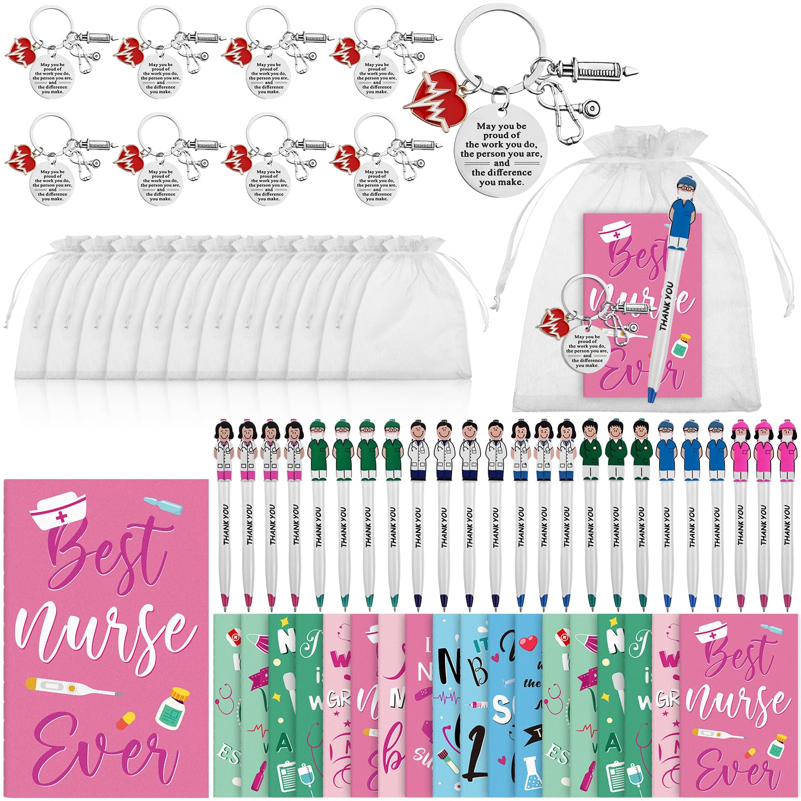 24 Sets Nurse Appreciation Gift Bulk Thank You Gifts for Nurses Inspirational Notebooks Nursing Pens Nurse Keychain Nurses Week Gifts for Medical Nursing Student Assistant Doctor Hospital Staff