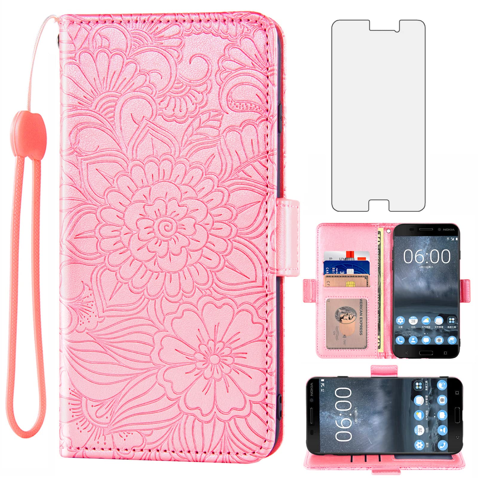 Asuwish Compatible with Nokia 6 2017 Wallet Case Tempered Glass Screen Protector Card Holder Stand Magnetic Leather Flip Cell Accessories Phone Cover for Nokia6 TA-1025 5.5 inch Women Men Rose Gold