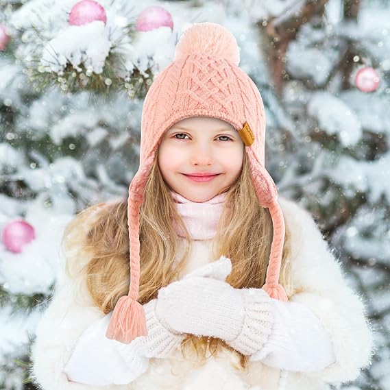 Kids Winter Beanie Hat with Pom Pom, Winter Fleece Lining Skiing Caps with Warm Ear Flap 4-10 Years