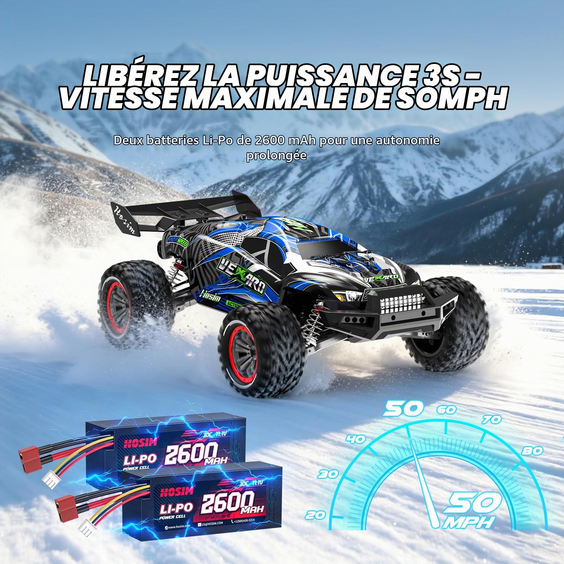 Hosim - Voiture télécommandée rapide pour adultes 80 km/h, mini camion télécommandé 1:8 avec trois différentiels, 4WD tout-terrain étanche RC Car avec 2 batteries 3S