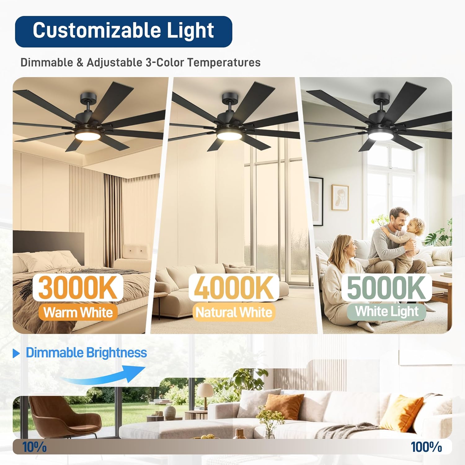 62 Inch Ceiling Fans with Lights and Remote Control, Low Profile & Downrod Mount 8-Blade Modern Black Ceiling Fan, 3CCT Dimmable LED Light, Quiet DC Motor for Bedroom Living Room, ETL Listed