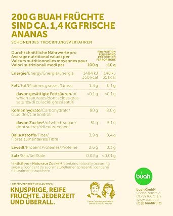 BUAH Freeze-Dried Pineapple Chips for Snack or for Cereal & Desserts Ideal Candy Replacement Vegan & No Added Sugar 100% Freeze-Dried Fruits 200 g