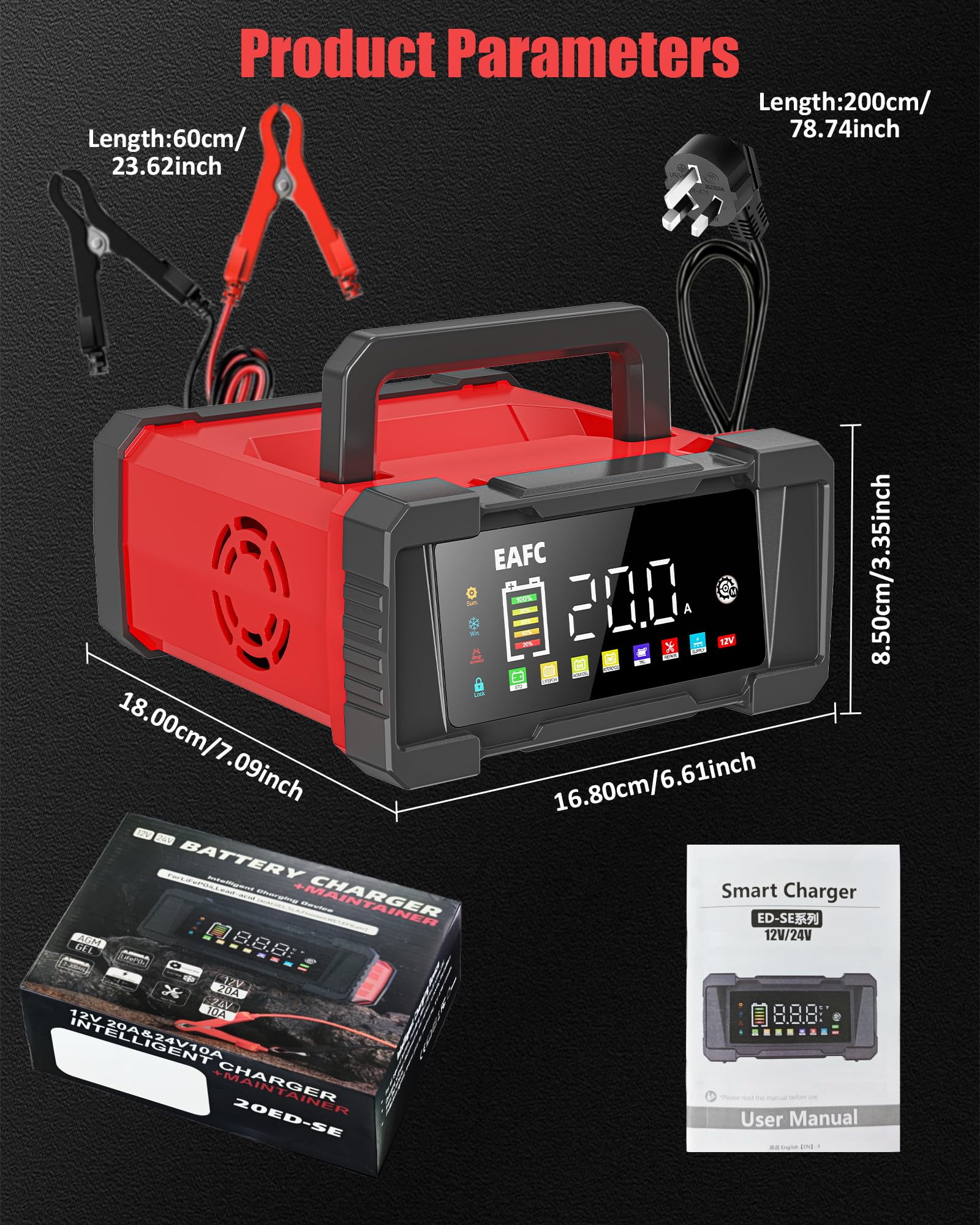 EAFC 20Amp 12V/24V Smart Car Battery Charger & Maintainer – Automatic Lead-Acid & LiFePO4 Battery Charger for Car, Motorcycle, Truck, Boat, Lawn Mower with LCD Display, Trickle Charge & Repair Mode — view 8