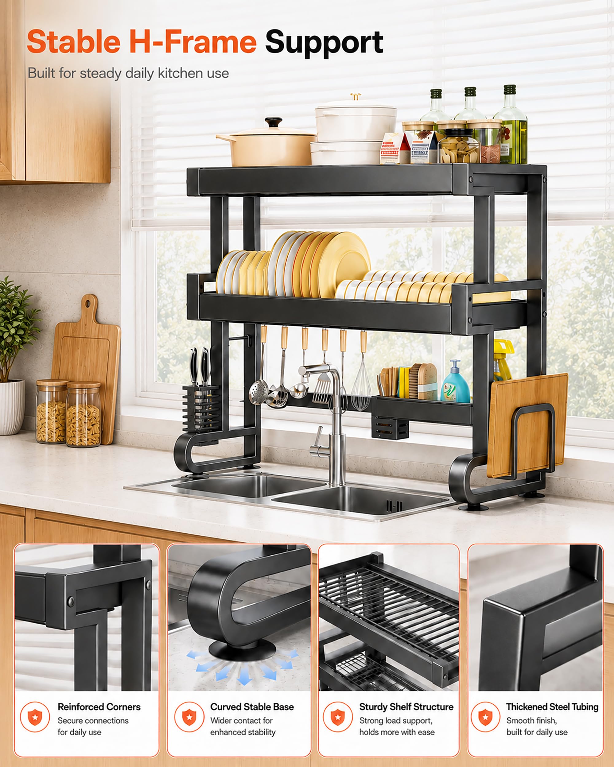Scolapiatti da sopra Lavello Regolabile a 2 Livelli - Organizzatore Cucina Salvaspazio in Acciaio Carbonio con Drenaggio Automatico, Mobiletto Portapiatti per Piano Lavoro