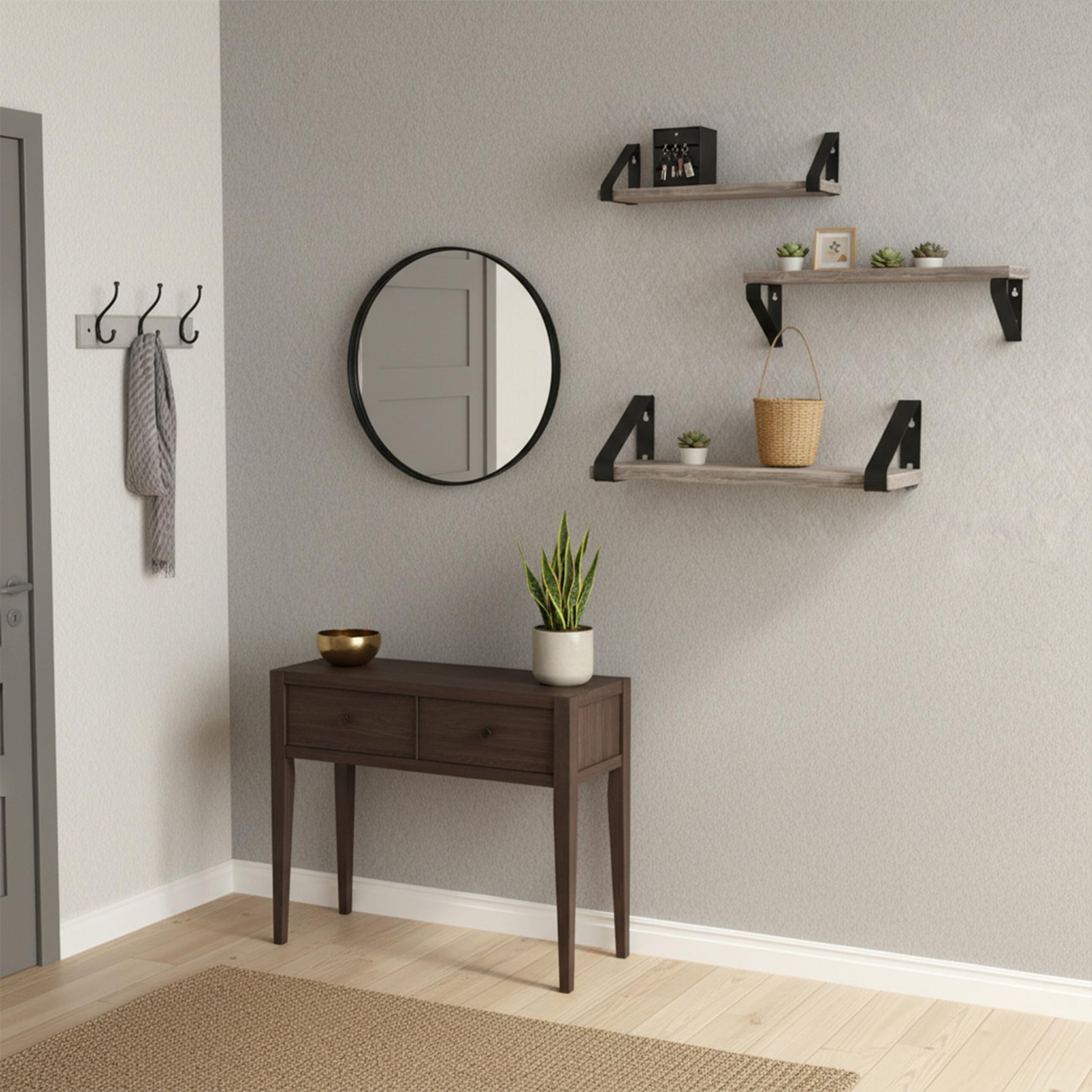 Relaxdays Estantería de Pared, Set de 3 (30/35/40 cm), Madera y Metal, para Libros y decoración, Color Greige