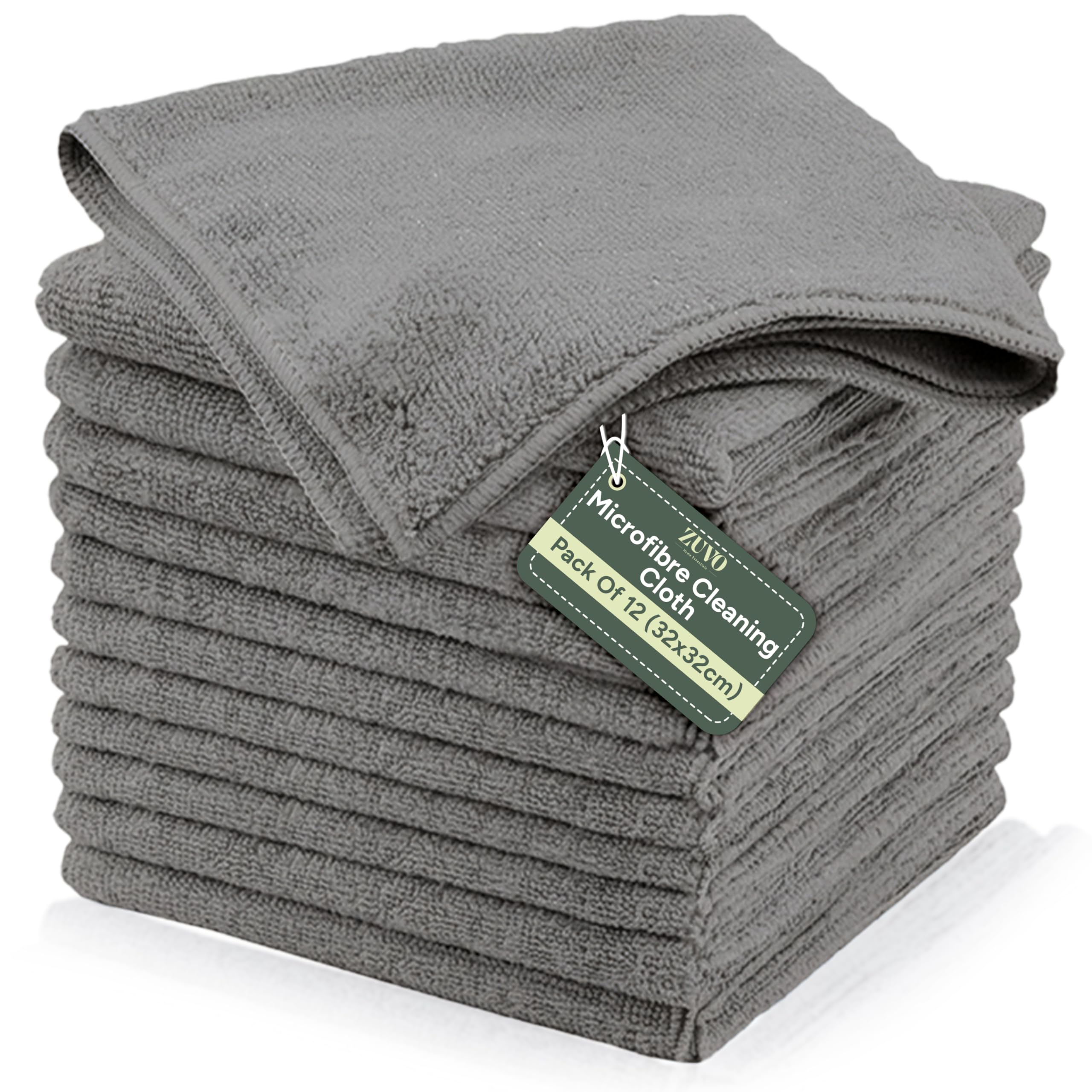 Zuvo Microfibre Cloth Pack of 12 (32x32 cm) - Ultra-soft, Highly Absorbent, Lint-free Cleaning Rags Reusable Large Cloths For Home, Office, Car Care, And Glass In Grey