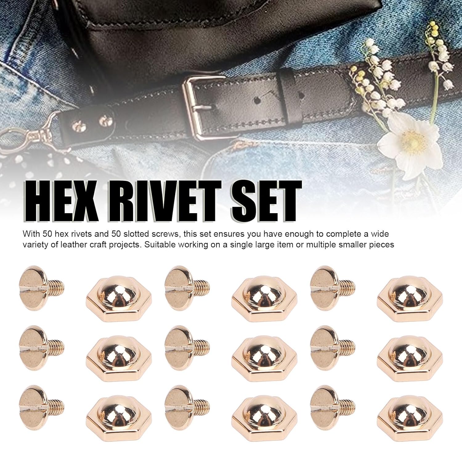 Leather Rivets Kit,Small Screws for Handbags,50Pcs Hex Shape Rivets, Zinc Alloy Binding Rivets Slot Screws Leather for Bags Collar Harness Luggage Purse(Light Gold)