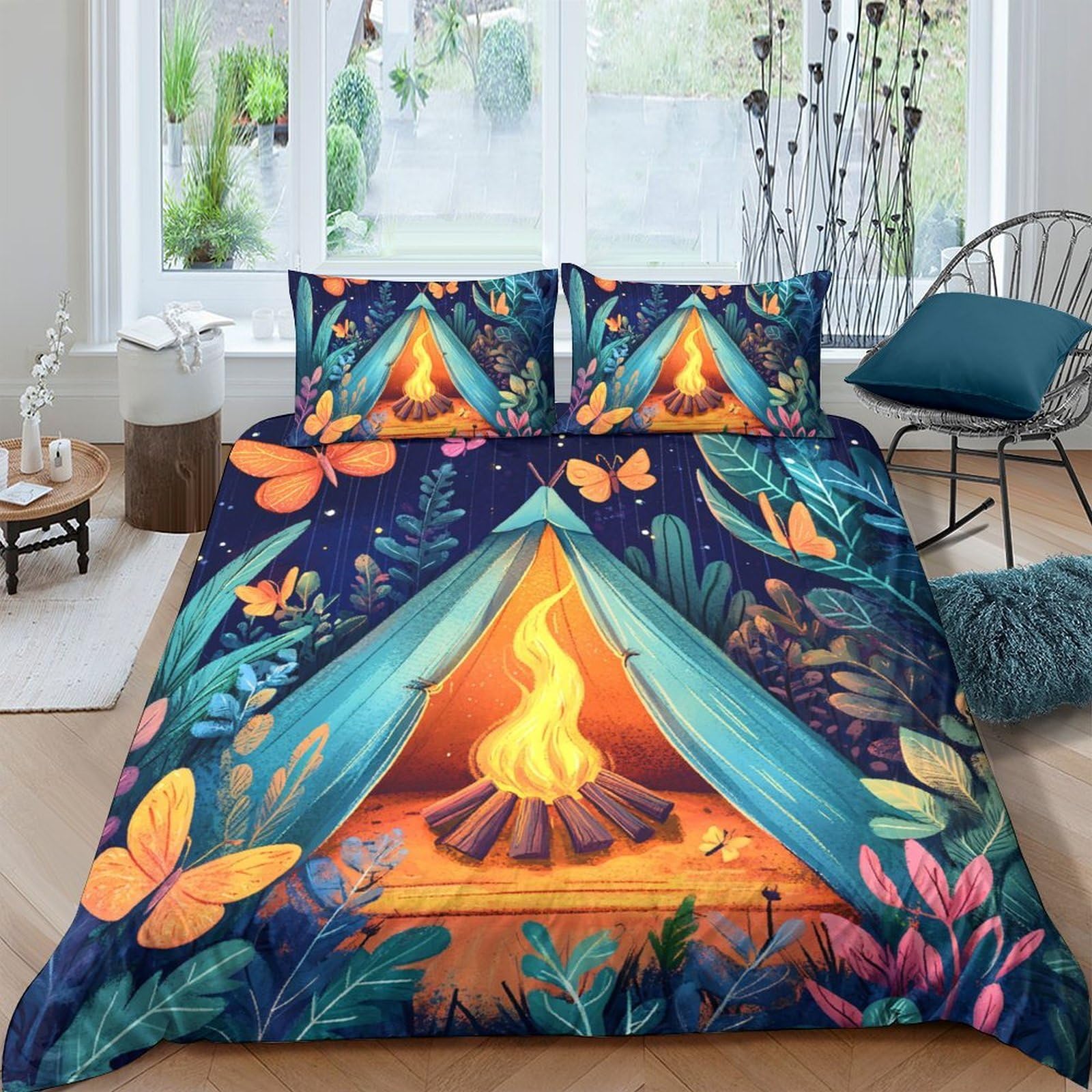 Ctjqhvkz Style-4 3D Printed Campfire Tent Fitted Sheet Microfiber Soft Non Slip Forest Night Mattress Cover For Bedroom Guest Room Single（135X200cm）
