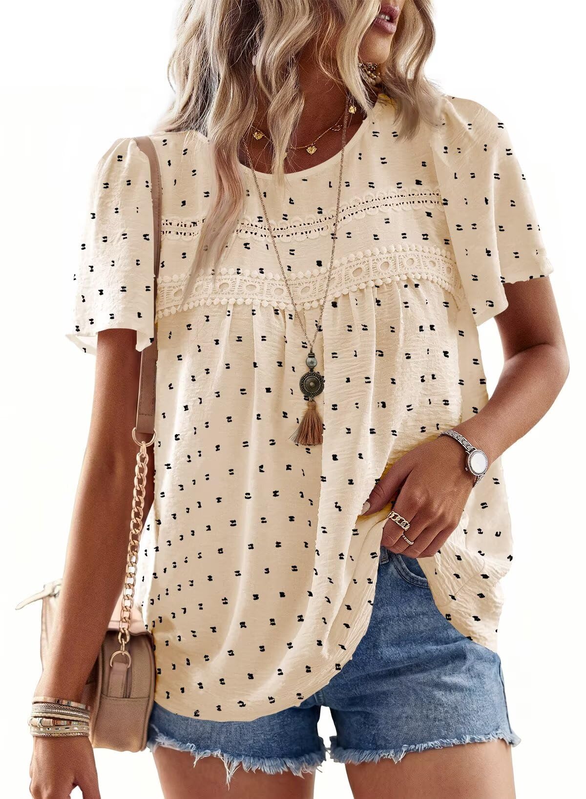 Falechay Womens Summer Tops Flowy Boho Shirts Dressy Casual Short Sleeve