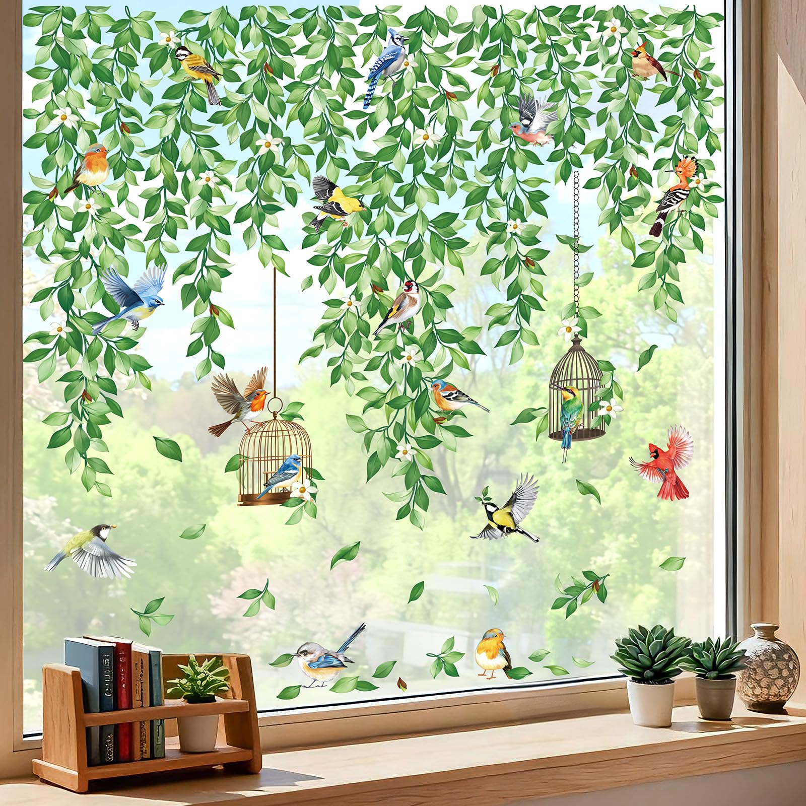 decalmile Spring Hanging Vine Flowers Double Sided Window Clings Green Leaves Plants Bird Anti-Collision Glass Doors Window Stickers Decals