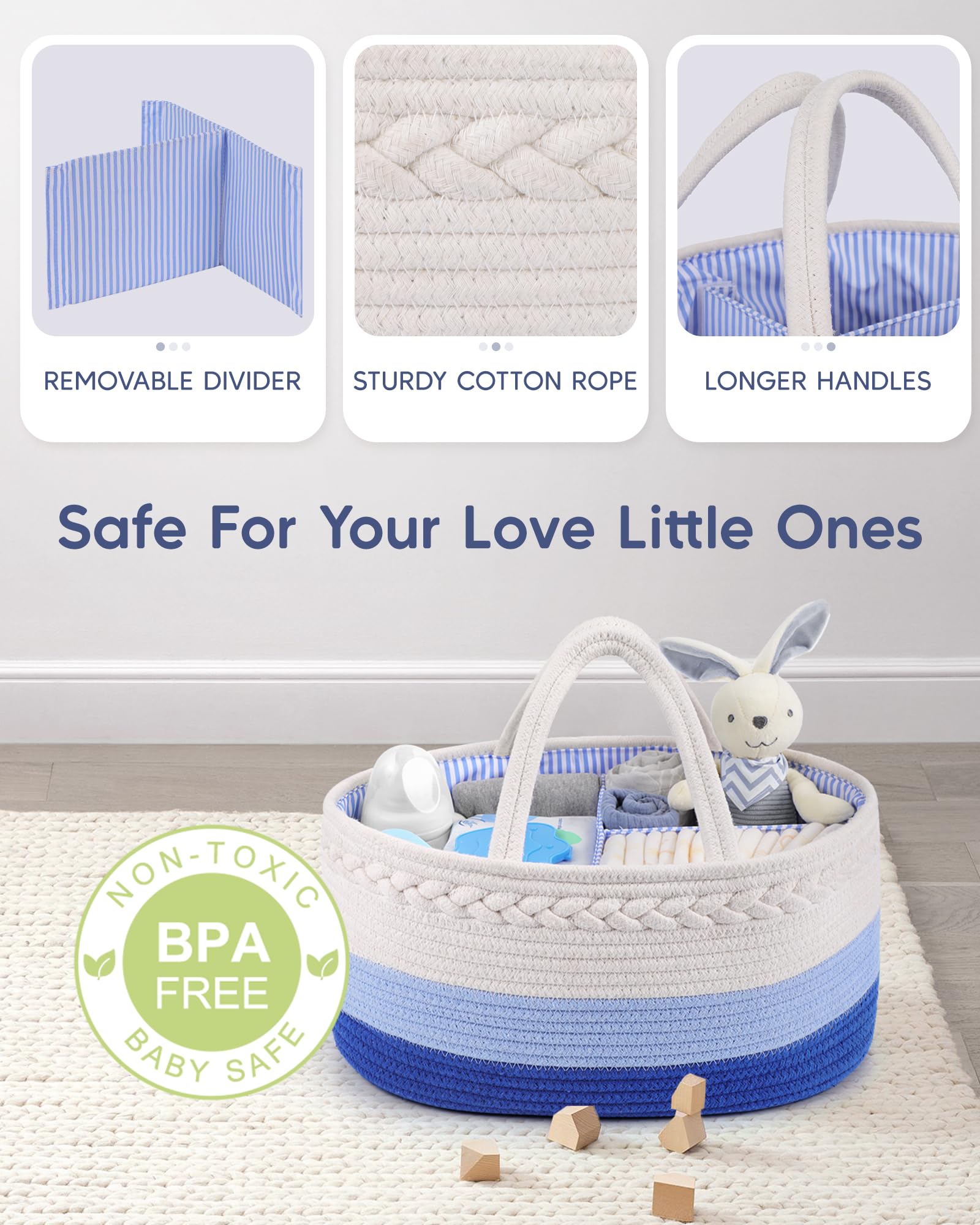 Maliton Nappy Caddy, Cotton Rope with Removable Dividers, White&blue, Medium - Image 3