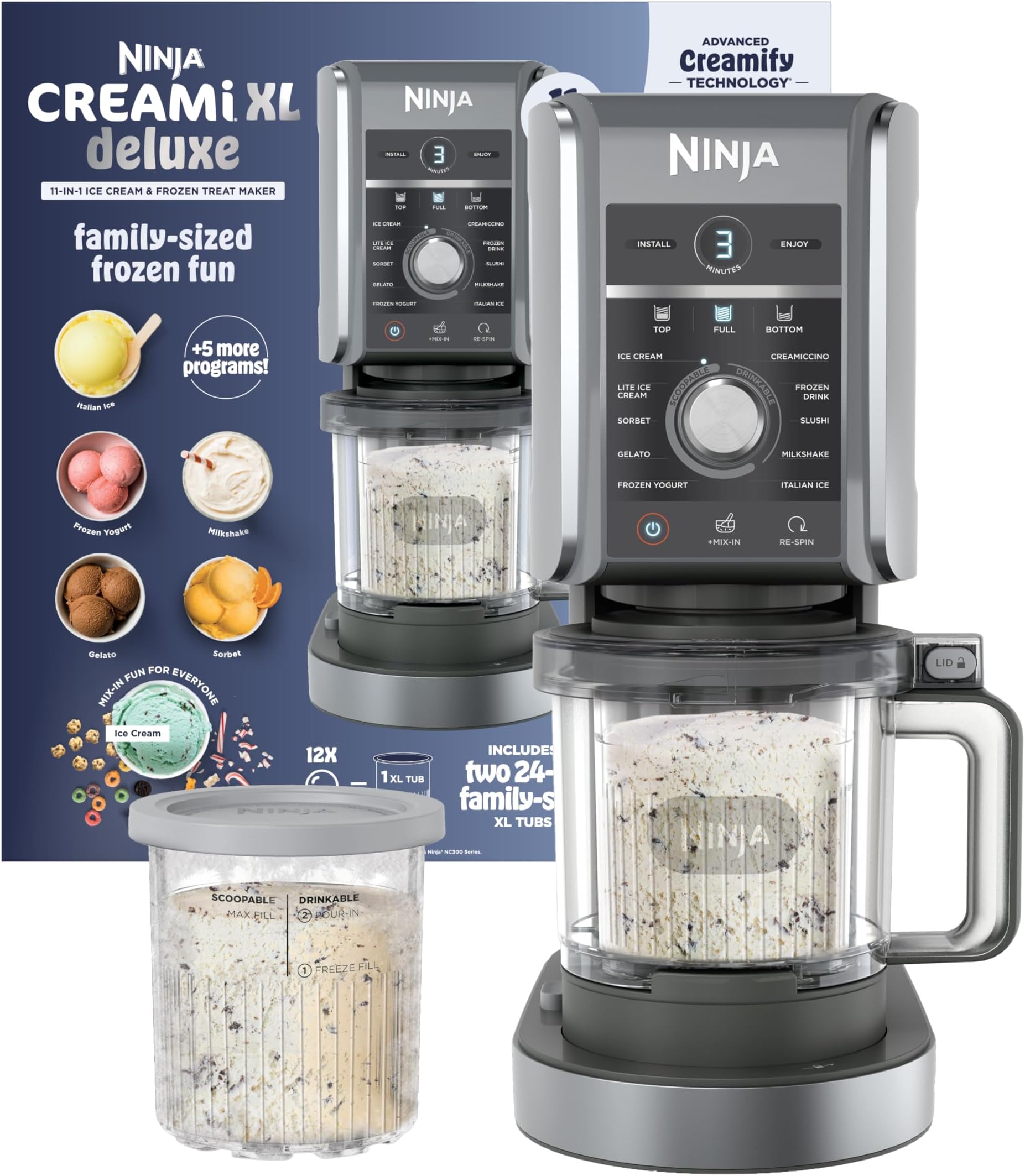 Ninja NC501 CREAMi Deluxe 11-in-1 Ice Cream & Frozen Treat Maker for, Sorbet, Milkshakes, Drinks More, 11 Programs, with 2 XL Family Size Pint Containers, Perfect Kids, Silver, 2 quarts