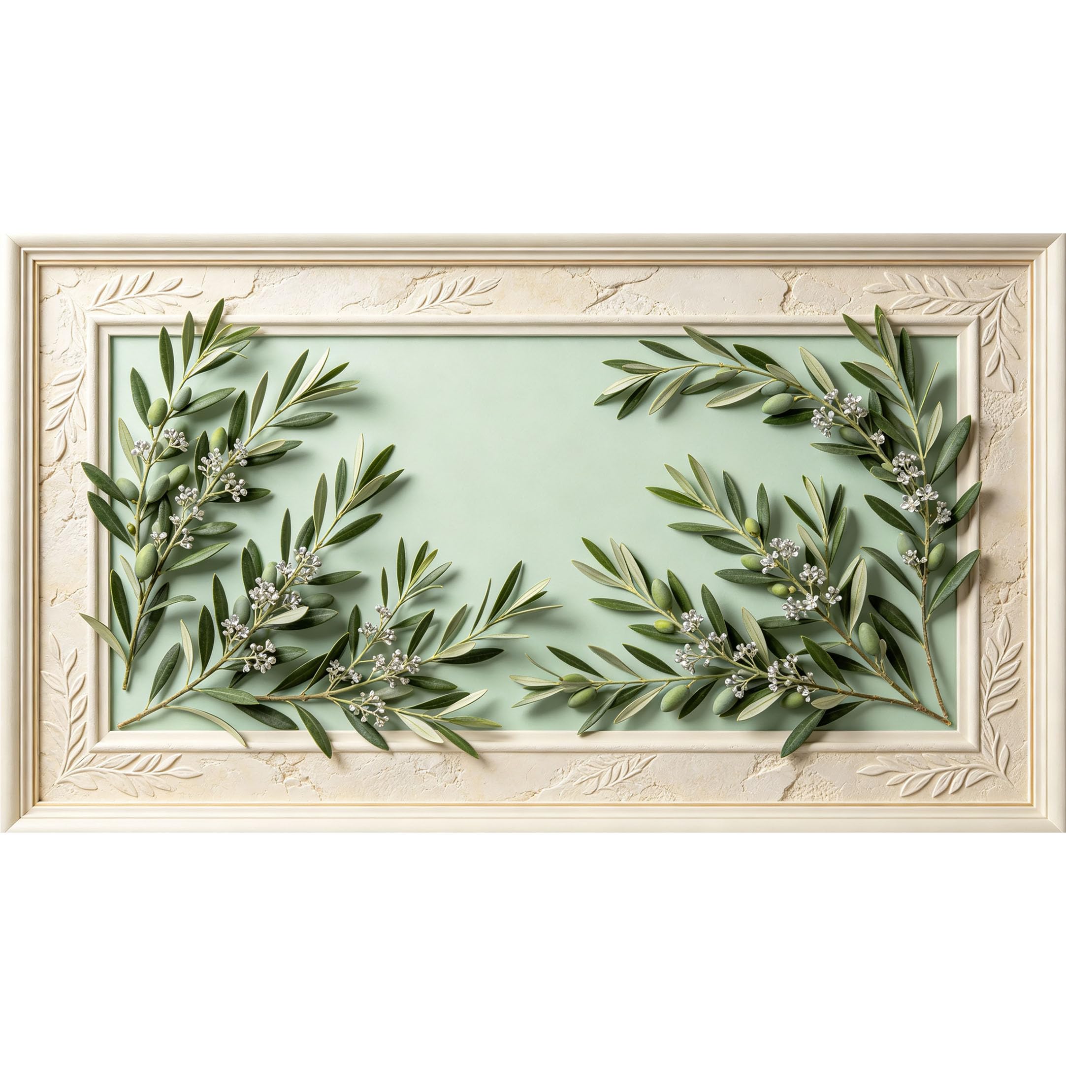 QZLITHOTIC 50×90cm3D Framed Wall Art， Botanical Olive Branch Farmhouse Mural， WaterActivated Peel & Stick Fabric Decor Wall Decal for Bedroom Living Room Home Decor