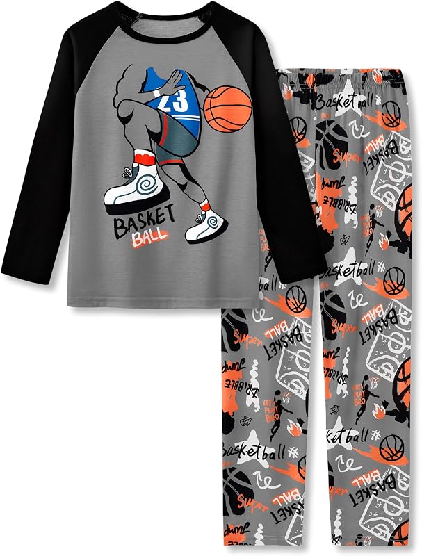 Boys Pajamas, Long Sleeve & Pants PJs, Little & Big Kids Size 6-18 | 2-Piece Winter Jammies, Trendy Contrast Colors, Raglan Sleeves, Classic Crewneck, Elastic Waistband, Soft polyester Blend
