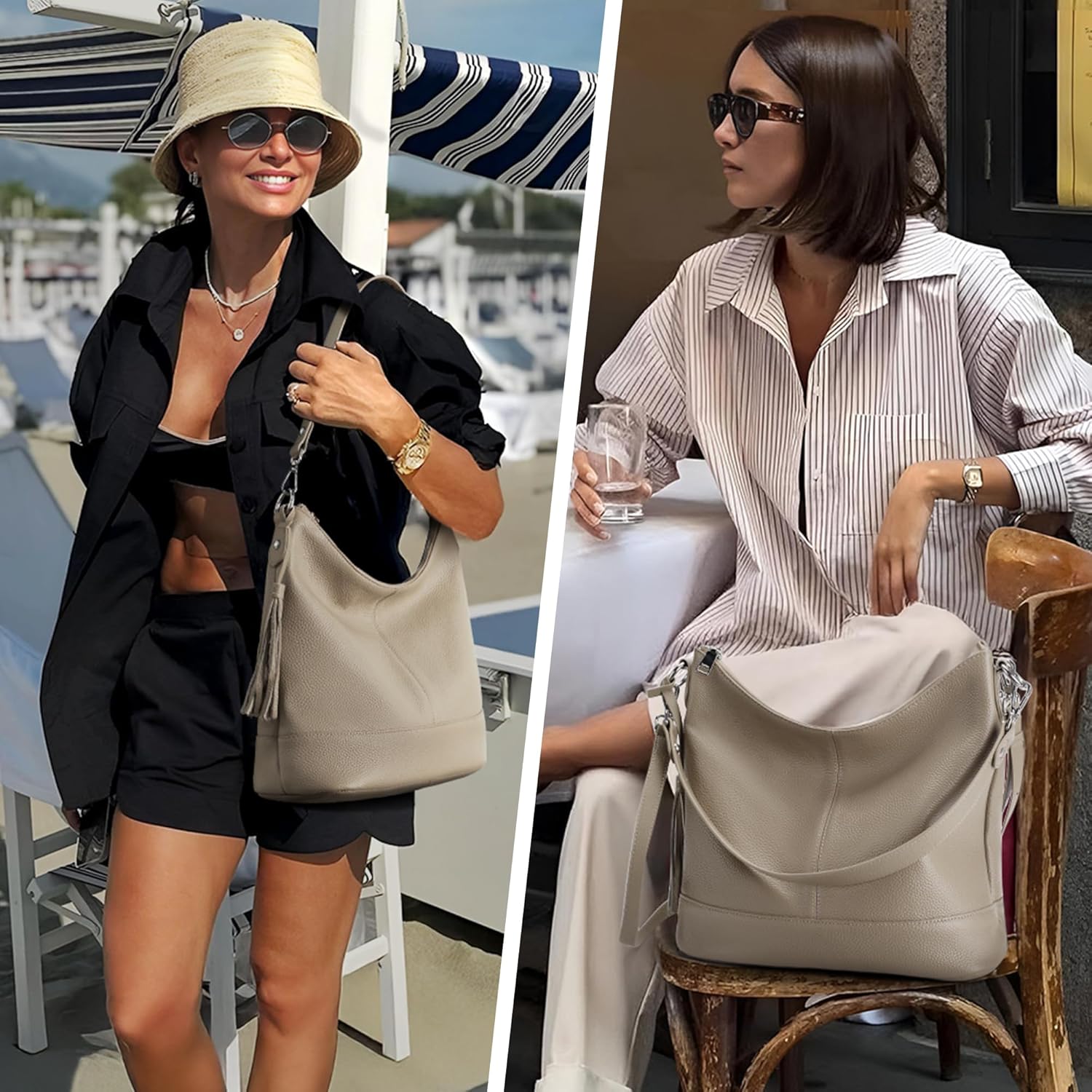 Genuine Leather Hobo Crossbody Bag for Women, Soft Real Leather Bucket, Shoulder Handbag Purse with 2 Removable Strap - Image 2