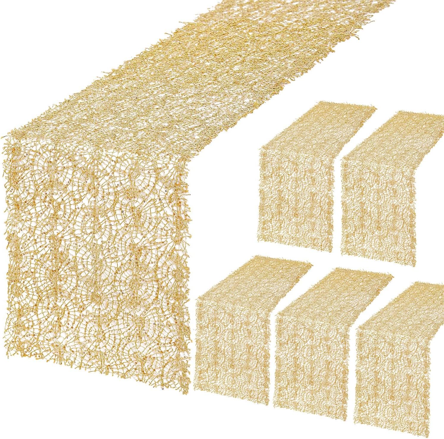 B-COOL 6 Packs Gold Sequin Table Runner Spider Cobweb Mesh Table Runners 12x108inch Runner for Christmas Birthday Wedding Banquet Thanksgiving Party Decoration