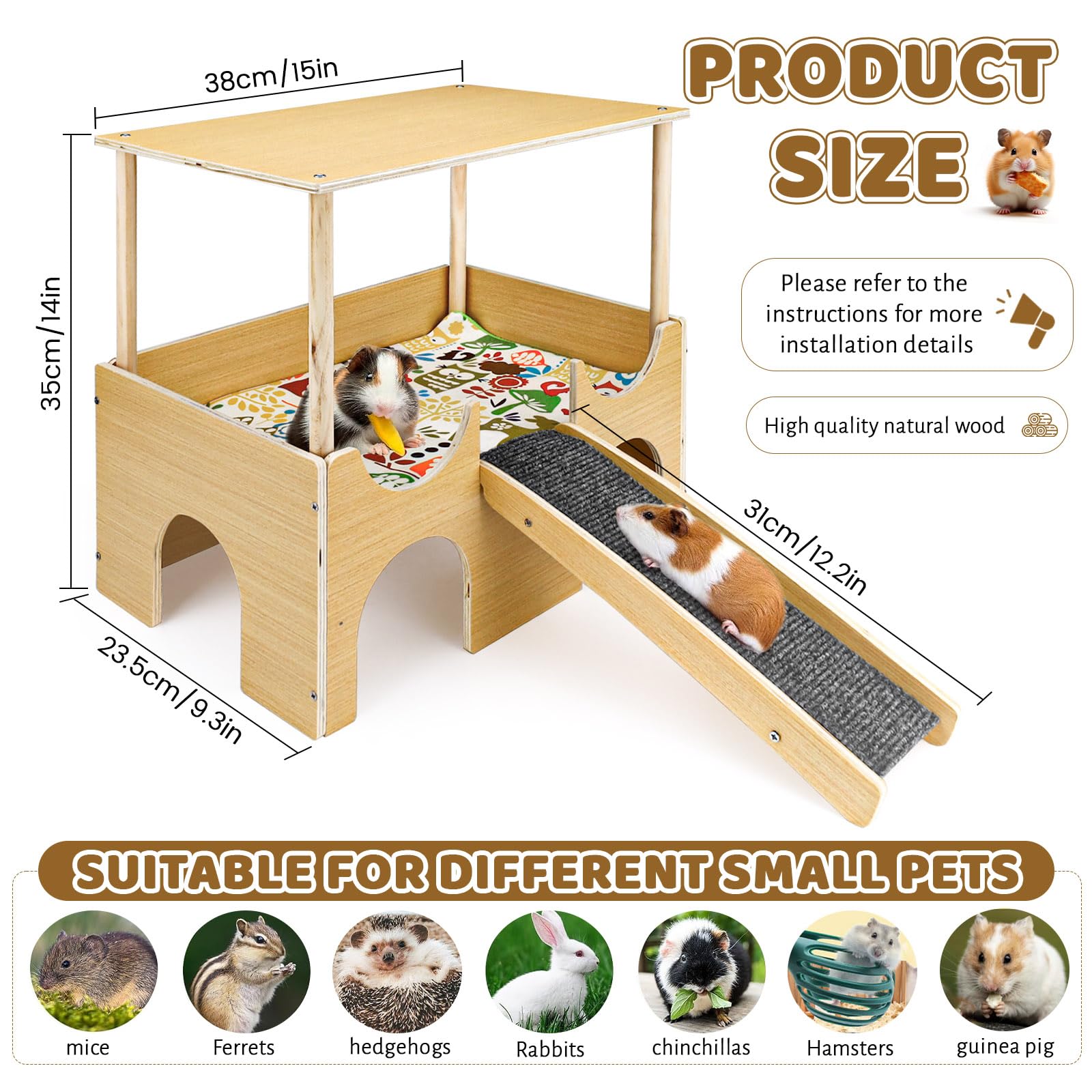 Maison pour cochon d'Inde, cachette pour hamster, lapin, jouets pour cochons d'Inde, accessoires pour cochons d'Inde, maisons et habitats pour petits animaux (bois)