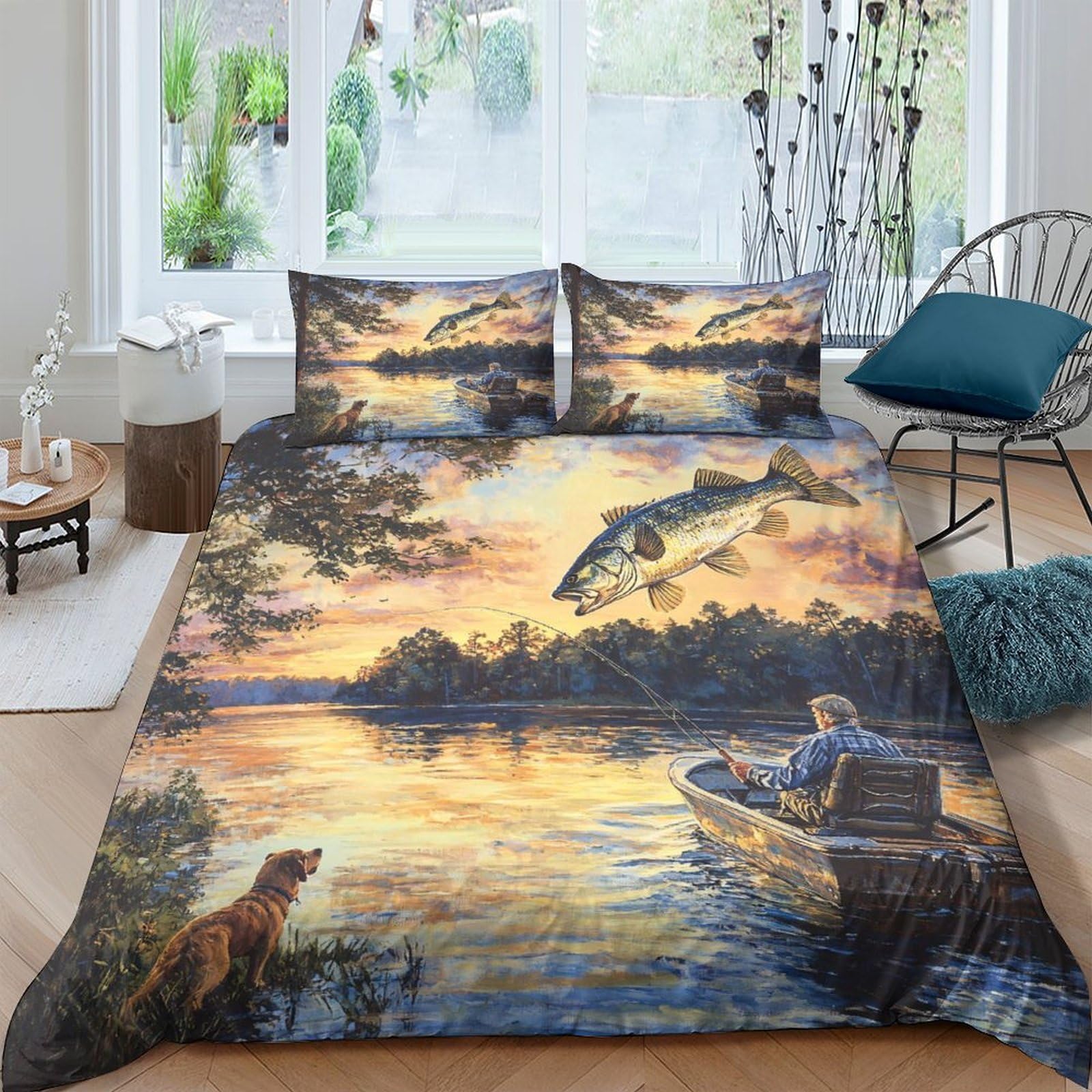 GPLZQXKJNH 3D Printed Lake Sunset Duvet Cover Microfiber Soft Breathable Fishing Dog Bedding Set with 2 Pillowcases for Bedroom Decor Single（135x200cm）
