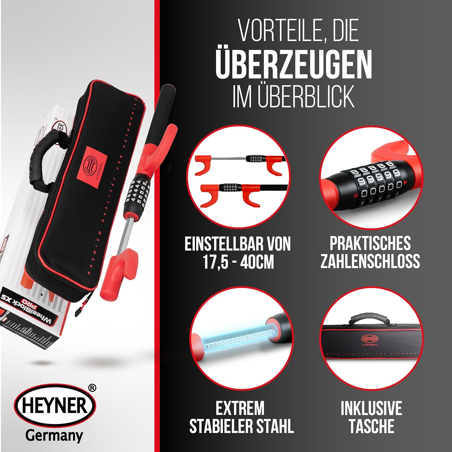 HEYNER Steering Wheel Lock with Combination Lock Compact Claw Immobiliser Anti-Theft Lock Car Deterrent Claw - Black, Red