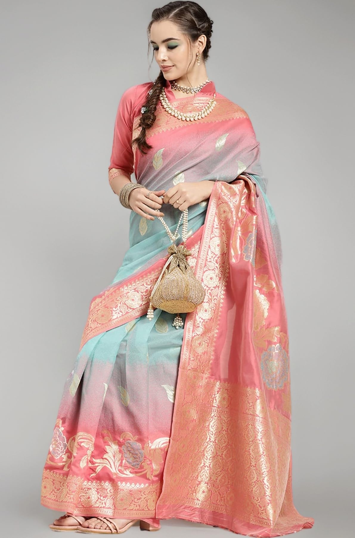 AKHILAM Women's Cotton Silk Botanical Woven Design Saree With Unstitched Blouse Piece