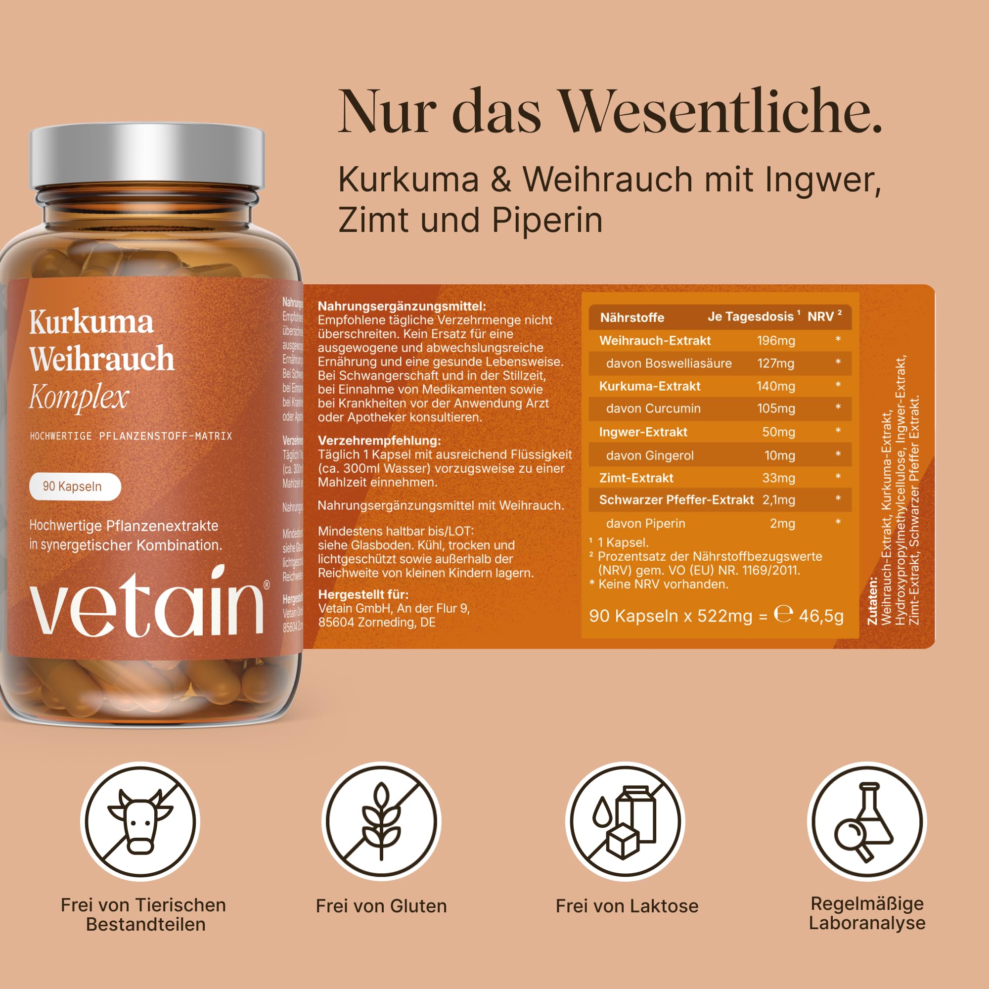 VETAIN Kurkuma Weihrauch Ingwer Komplex - 90 vegane Kapseln - 127mg Boswelliasäure & 105mg Curcumin - Mit Zimt & Piperin - hochdosiert & hoch bioverfügbar - produziert in Deutschland
