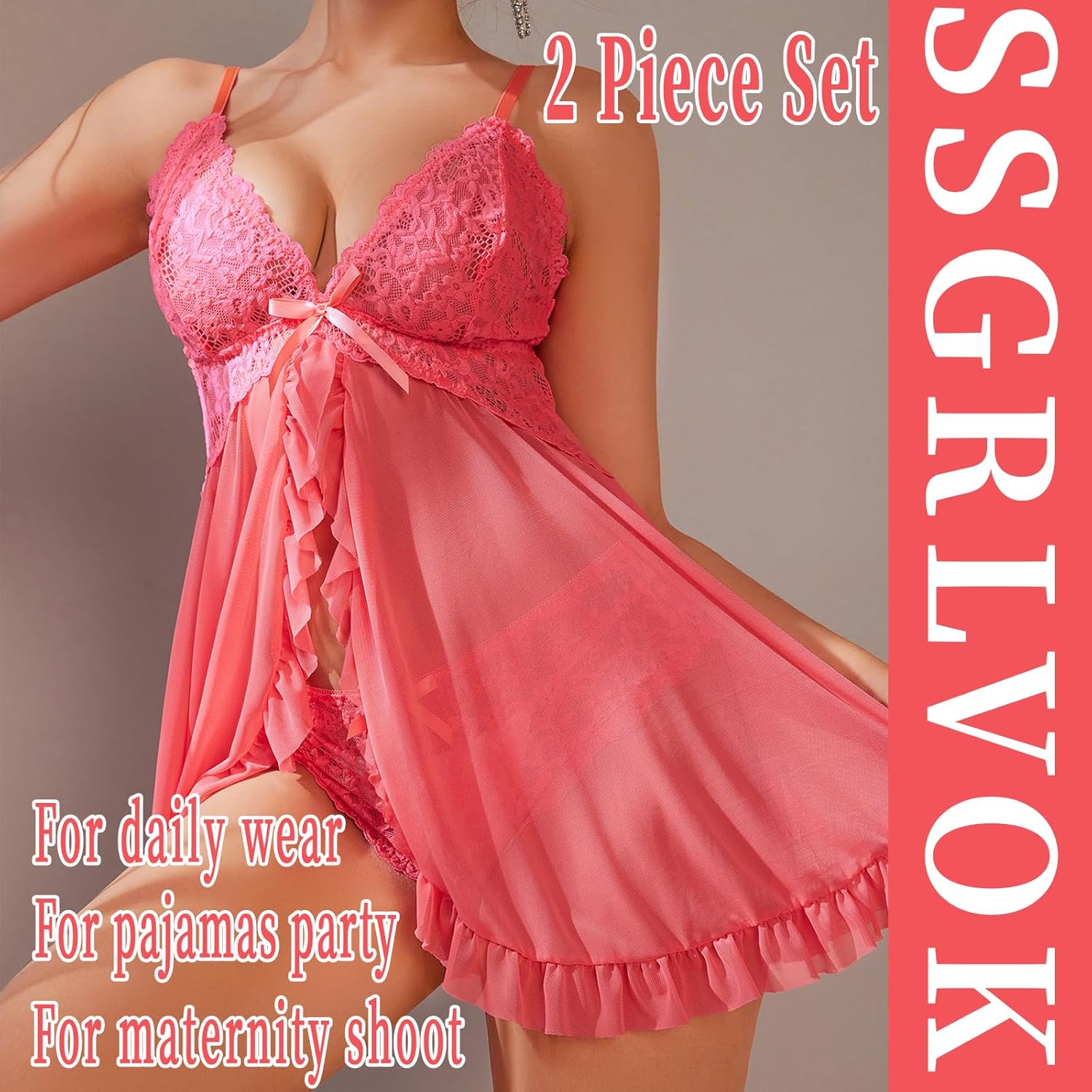 Lace Lingerie for Women Babydoll V Neck Nightwear Sexy Chemise Nightie Mesh Sleepwear Floral Hem Sleepshirt - Image 3