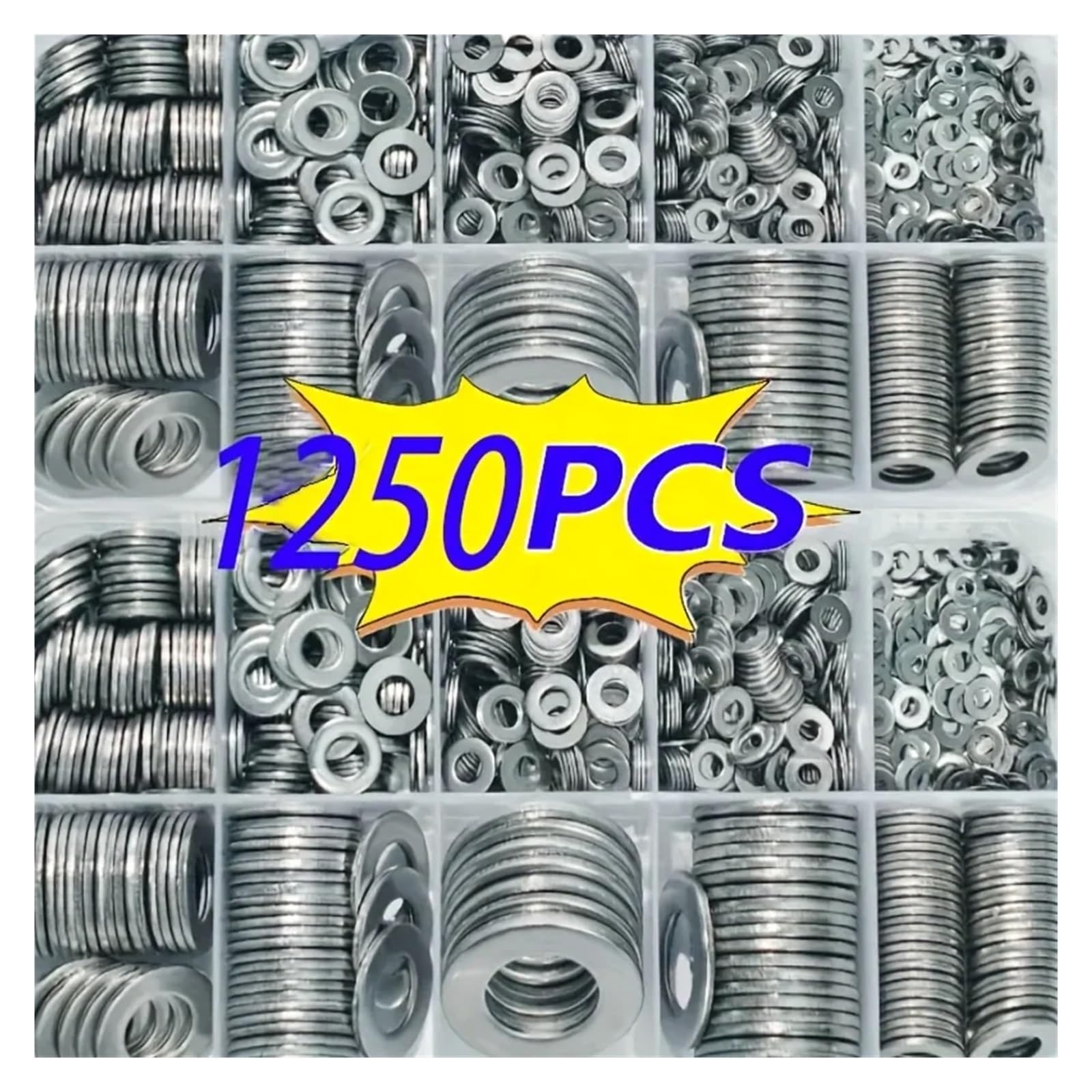 Kit surtido de arandelas planas de acero inoxidable de 1250 piezas (M2 M2.5 M3m4 M5 M6 M8 M10 M12) adecuado para decoración del hogar