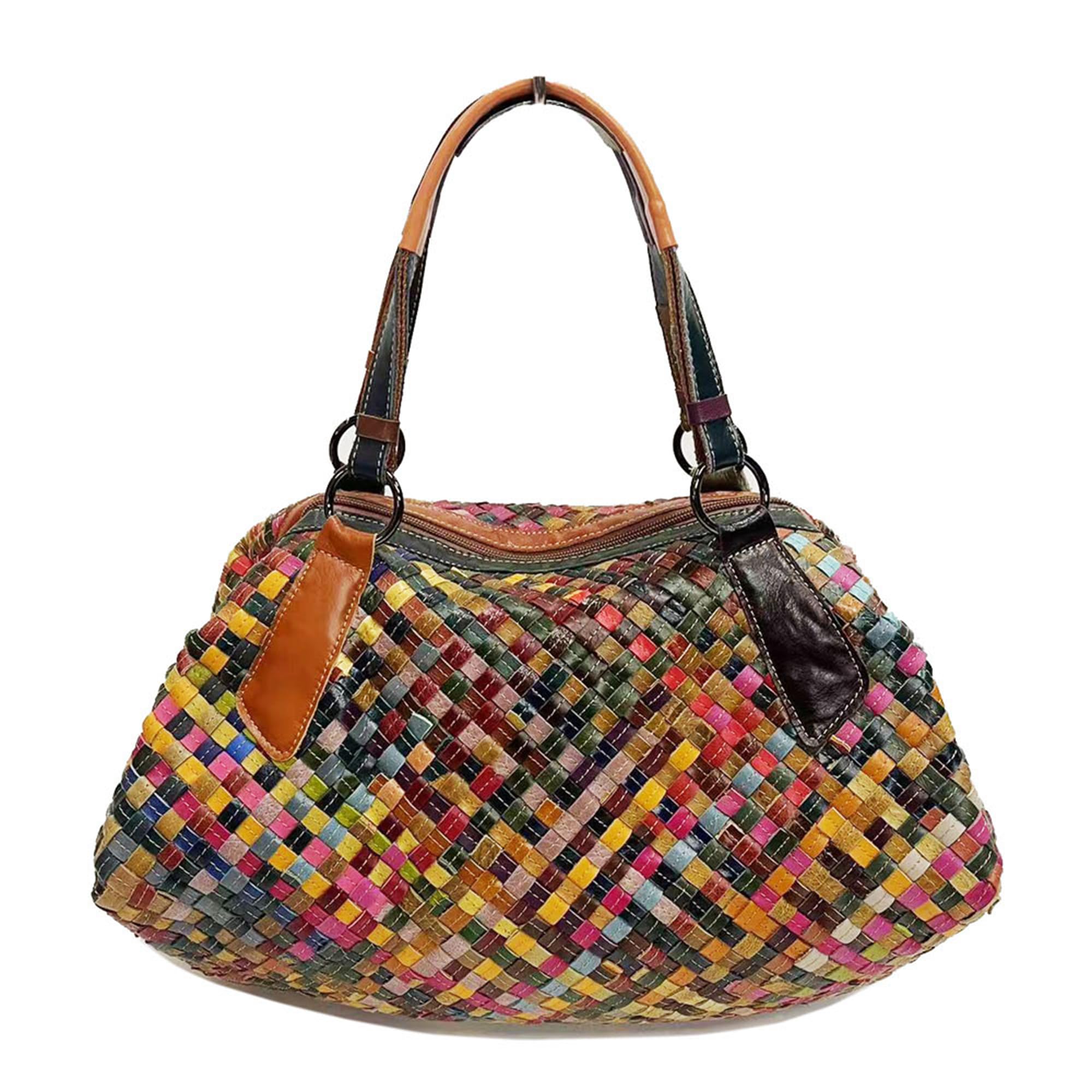 Riutiru Women's Mosaic Style Genuine Leather Handwoven Unique Style Diagonal Shoulder Handbag