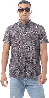 Ravin Mens Burgundy Patterned Short Sleeve Buttoned Shirt Modern