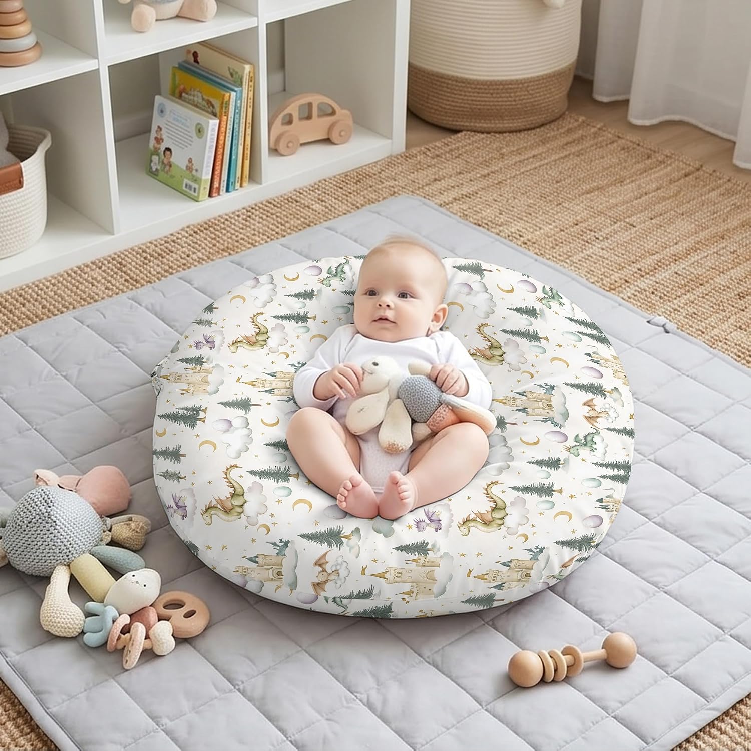Cartoon Dragons Pattern Baby Lounger Cover for Baby Girls Boys,Castle Theme Double-Sided Removable Lounger Covers for Infant,Stretchy Ultra-Soft Lounger Slipcover for Newborn,Cover Only 24" x 26" image 2