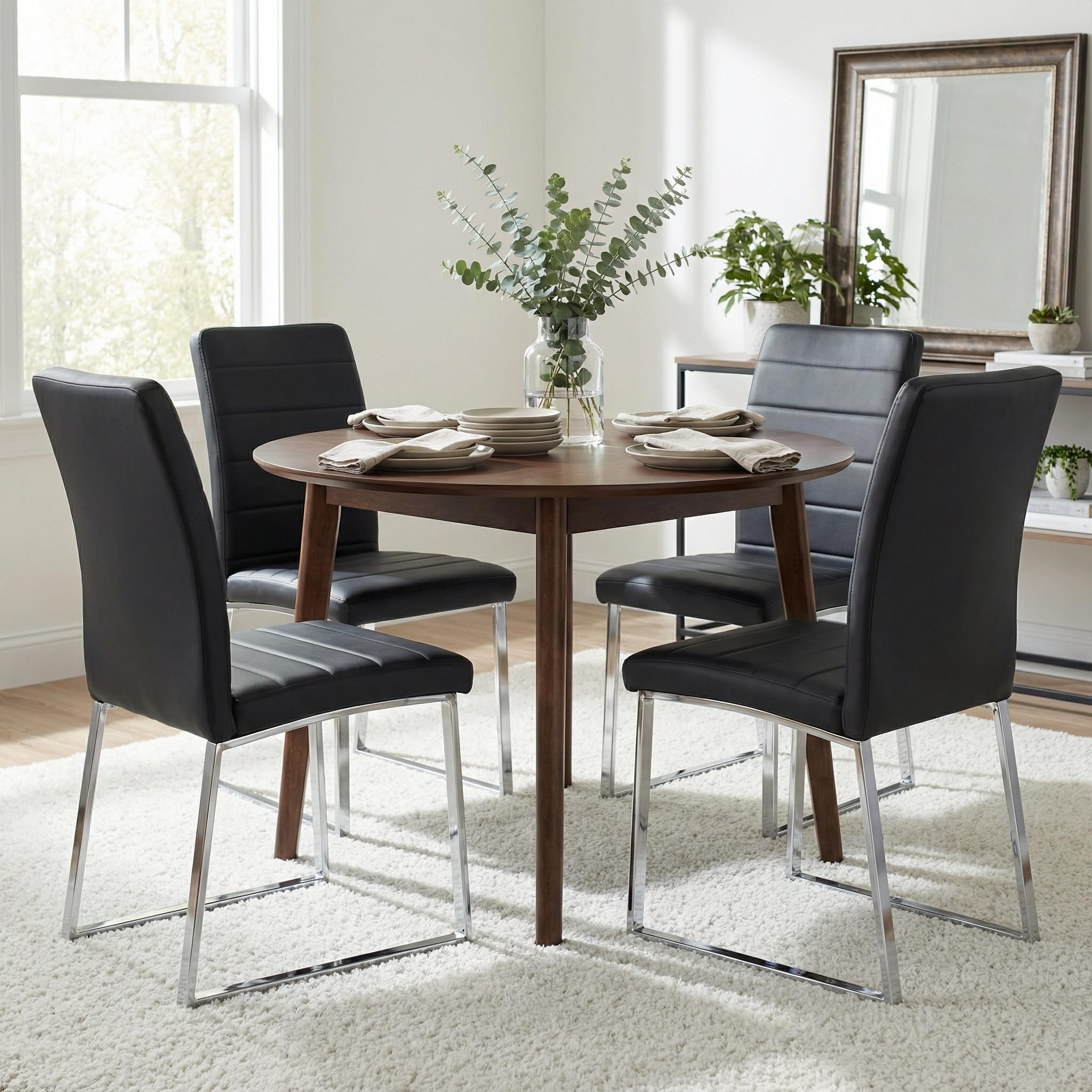 Hommoo Dining Chairs Set of 4, Faux Leather Upholstered Kitchen Chairs, Padded Seat Armless Dining Room Chair with Metal Leg, Modern Dinner Chair for Restaurant Living Room Black
