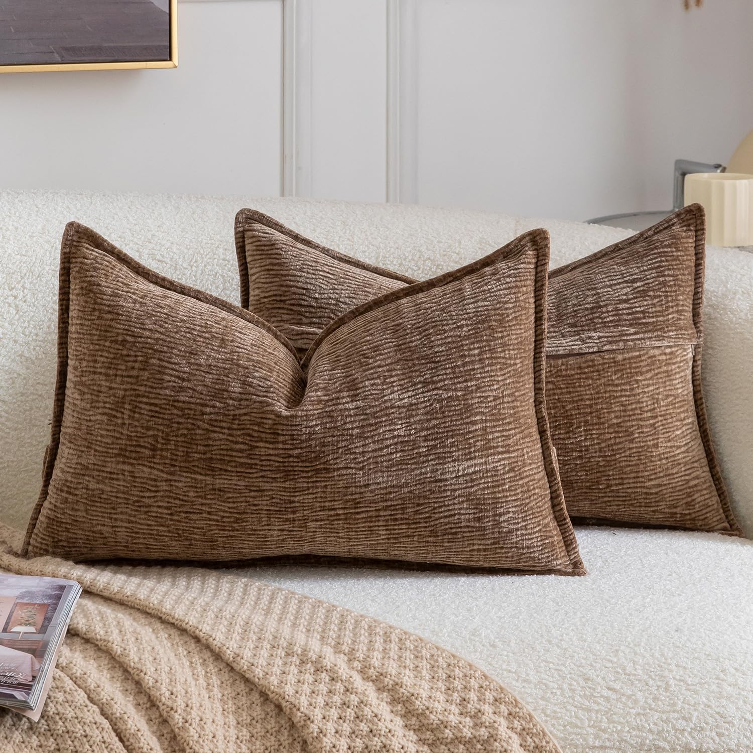 Madizz Pack of 2 Decorative Cushion Covers Soft Chenille Throw Pillows Solid Textured Throw Pillow Covers for Couch Sofa Bedroom Living Room 30x50 CM, Brown