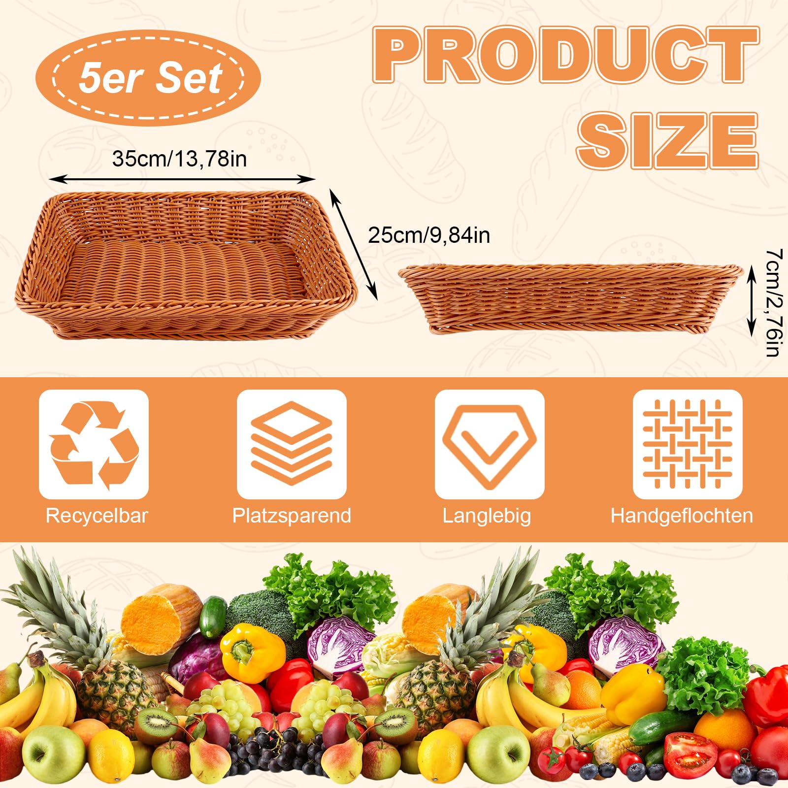 AKOLAFE 5 Pièces Corbeille a Pain en Osier 35 x 25 x 7 CM Panier Pain Empilables Panier a Pain de Service Brun Panier Osier Rectangulaire Corbeille Osier pour Pain, fruit, Légume, Ustensile de Cuisine