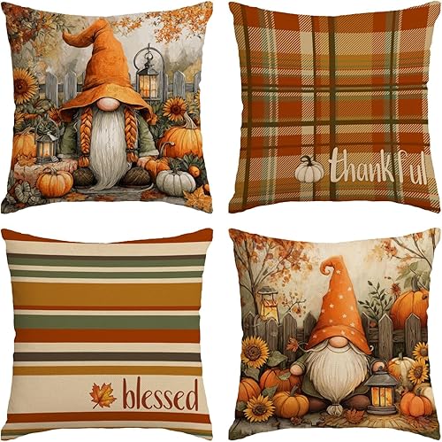 Miniatura 8 de Juego de 4 fundas de almohada de otoño de 24 x 24 pulgadas, fundas de almohada de calabazas de Acción de Gracias, fundas de cojín decorativas de