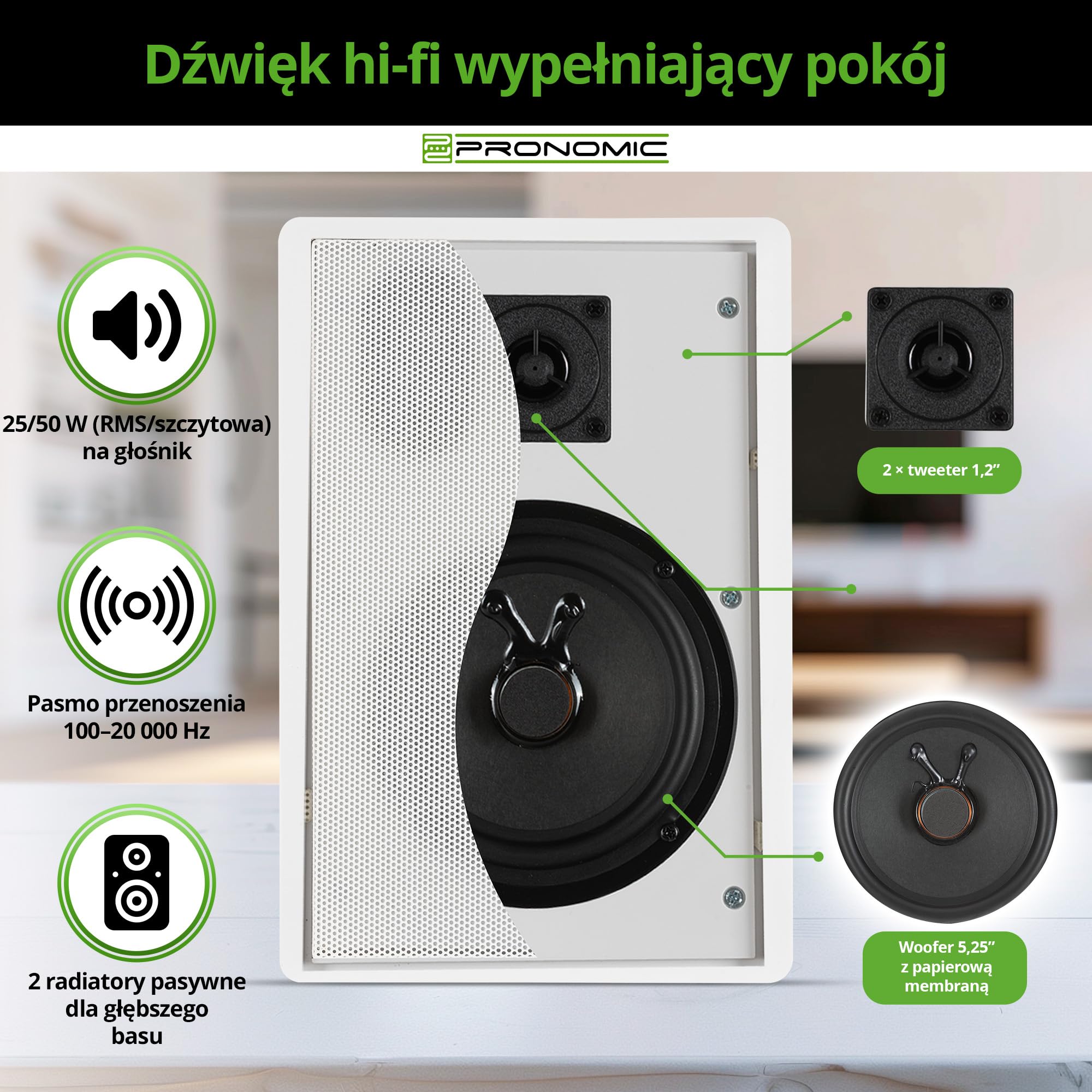 Pronomic FLS-540 WH para płaskich głośników ściennych, białe, 100 W