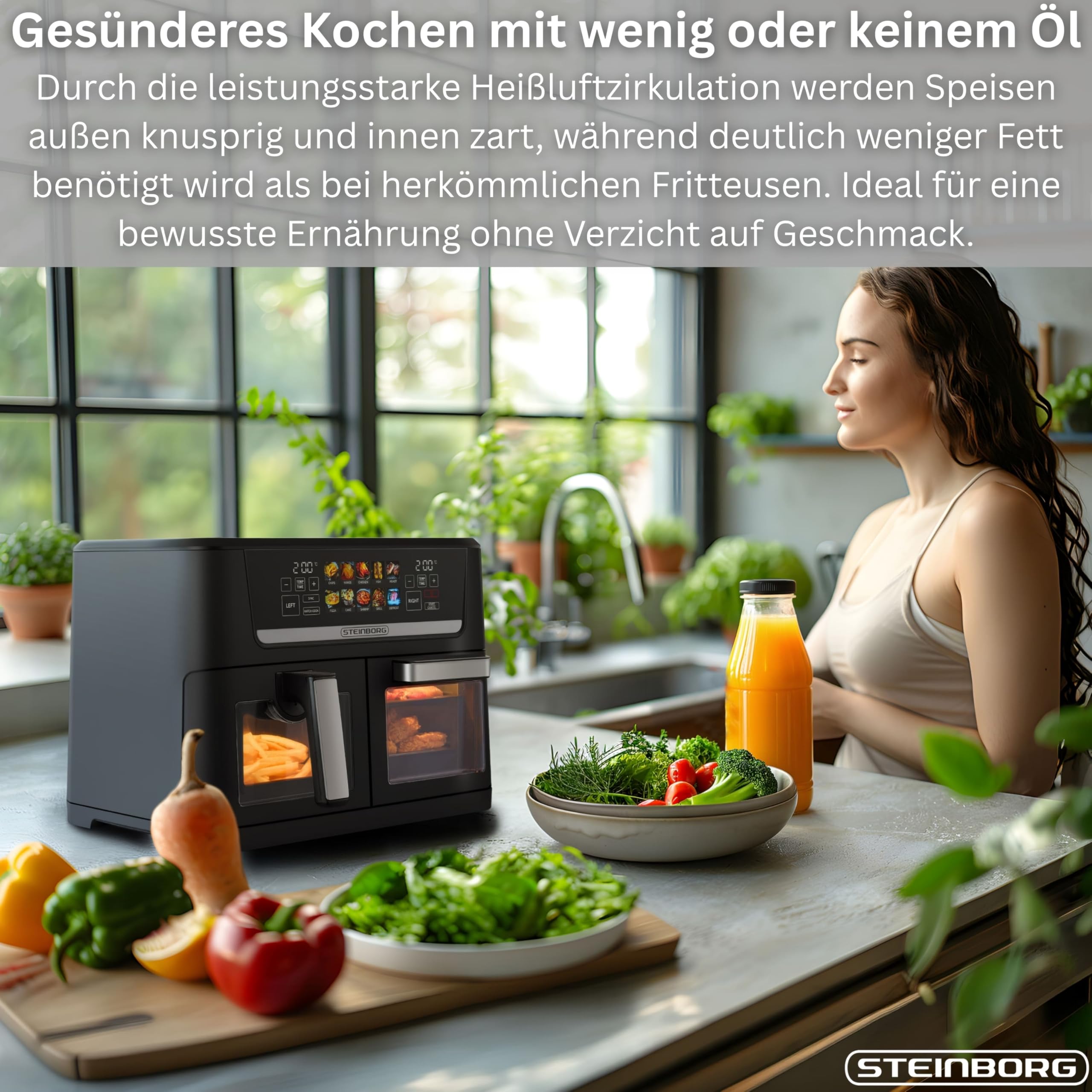 Steinborg® XXL Dual Zone frytkownica na gorące powietrze, 14 litrów (8 l + 6 l), 1700 W, z 2 komorami i 2 niezależnymi strefami gotowania, cyfrowy wyświetlacz, 10 programów w temperaturze 60–200°C