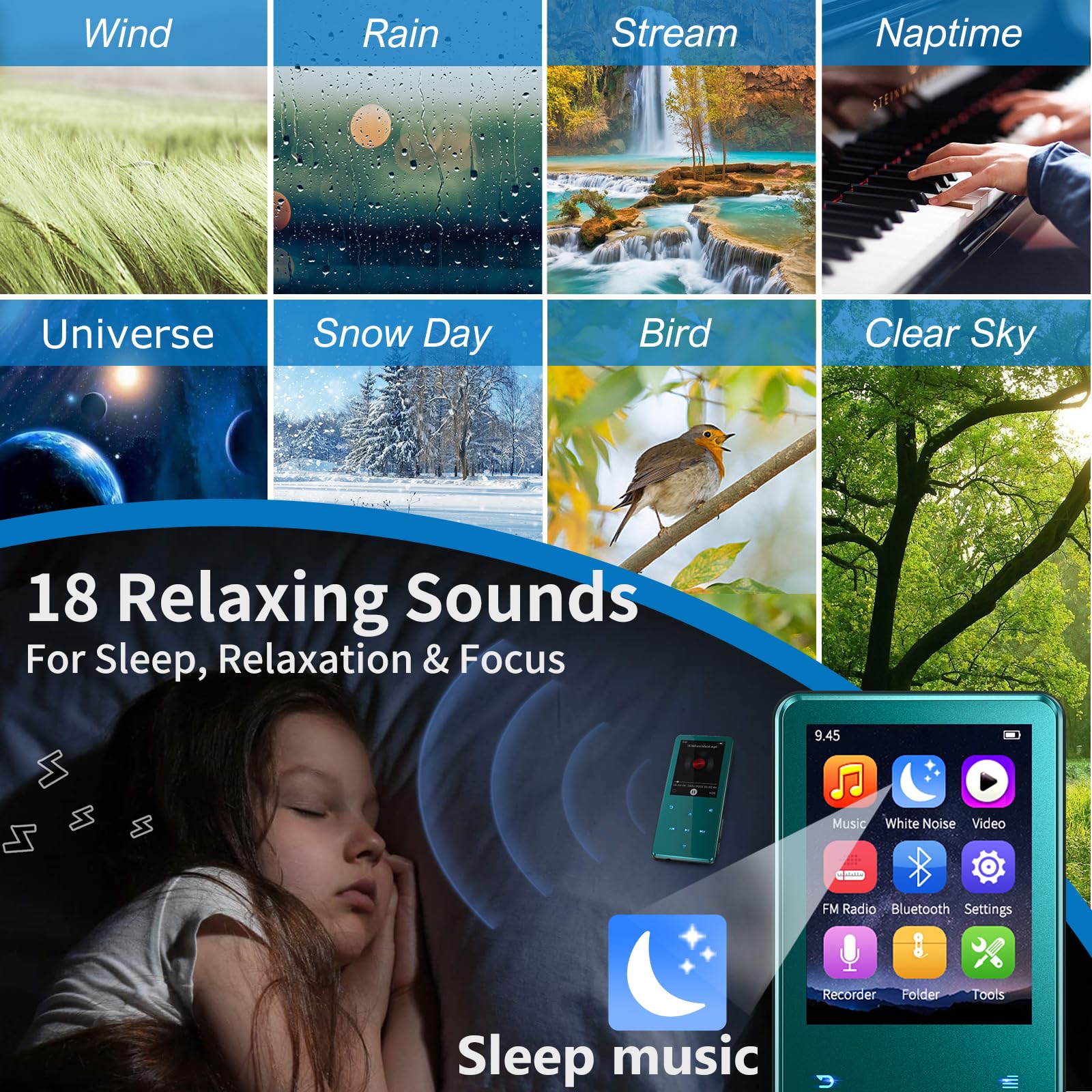 Lecteur MP3 Bluetooth 5.3 64Go écran 2,4" Touches tactiles Haut-Parleur