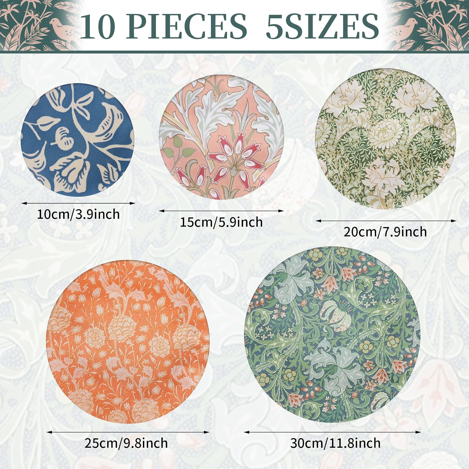 FYSUIMU 10Pcs Vintage Floral Greenery Bowl Covers Reusable 5 Sizes Stretch Cloth Fabric Dish Cover Flower Food Lids for Fruits Leftover Storage Bread Proofing