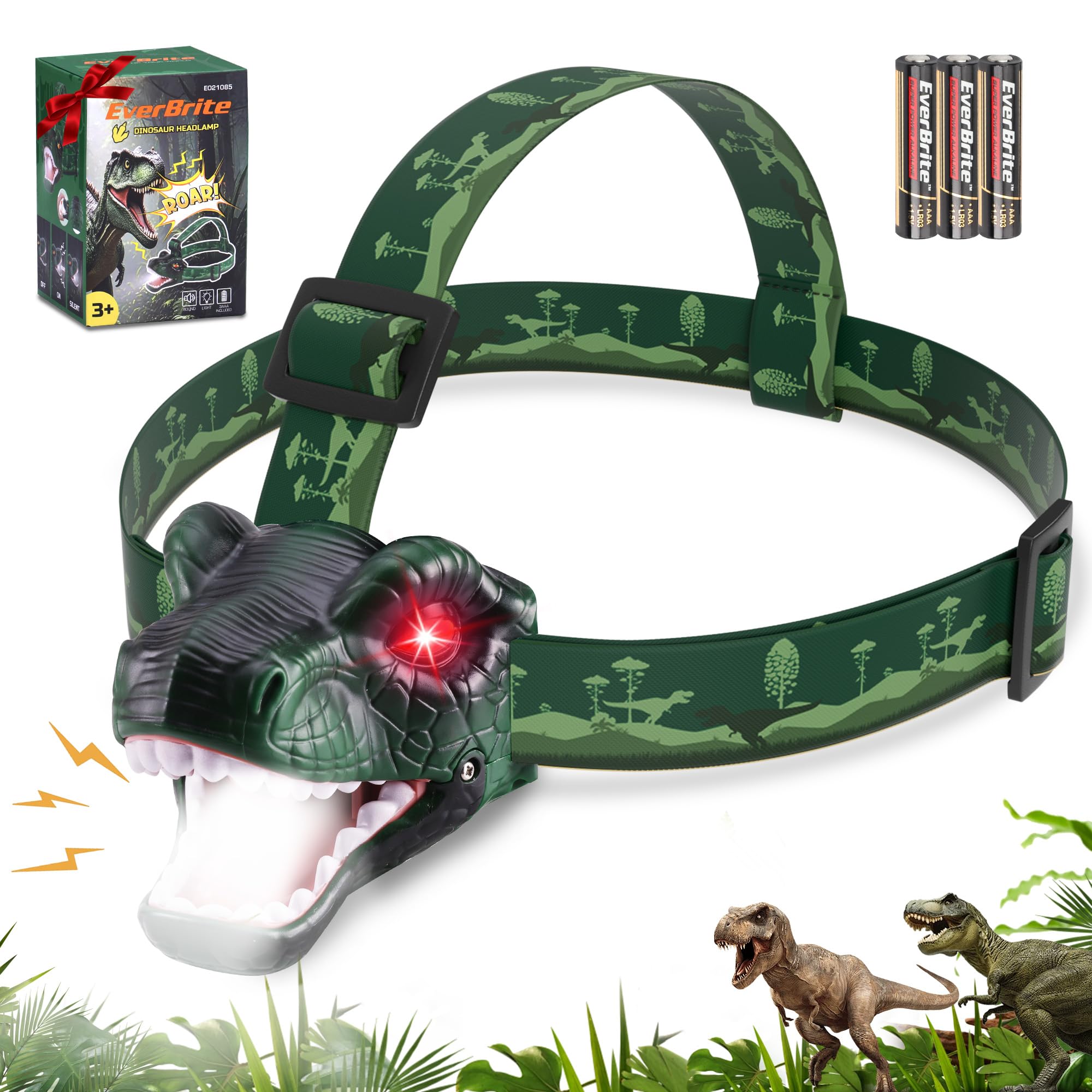 EverBrite Dinosaur Kids Headlamp, Head Flashlight with Roar & Silent Mode, T-Rex Dinosaur Toys for Boys Girls 3 4 5 6 7 8+ Years Old, Camping Gear, Bi