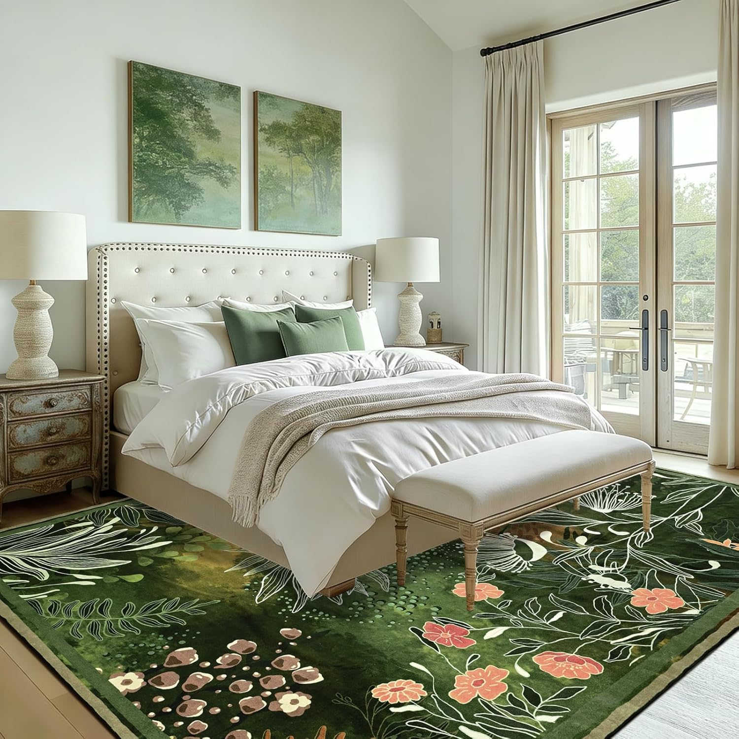 Yinhua Boho 5x7 Rug for Living Room, Washable Dark Green Area Rugs Non Silp, Low Pile Floral Rugs Non-Shedding, Soft Vintage Carpet for Bedroom Dining Room Nursery