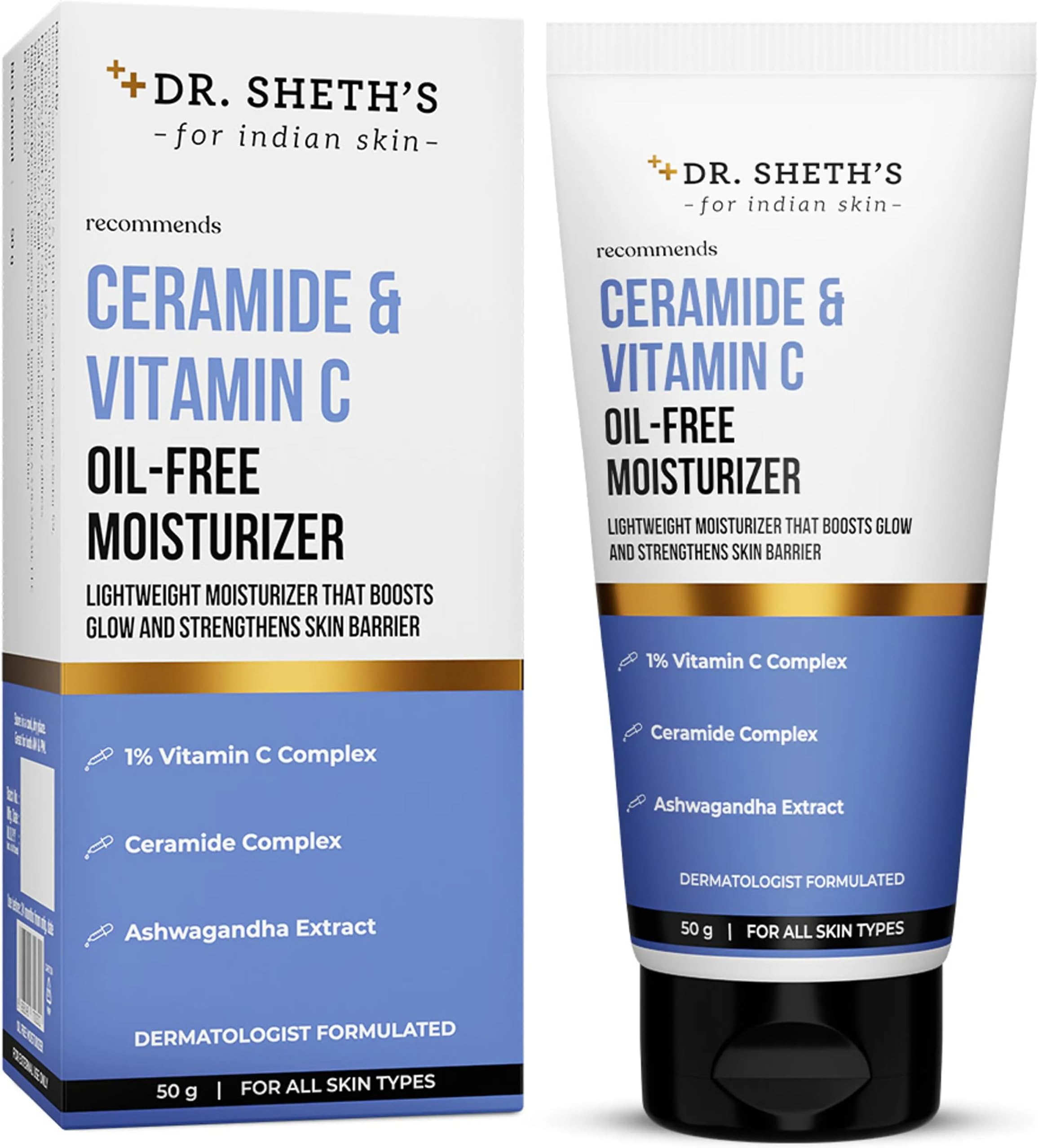 Dr. Sheth's Ceramide & Vitamin C Oil-Free Face Moisturizer for Oily | Combination & Acne prone skin | Repairs Damaged Skin Barrier | Hydrates & Brighten | lightweight formula | 50 g