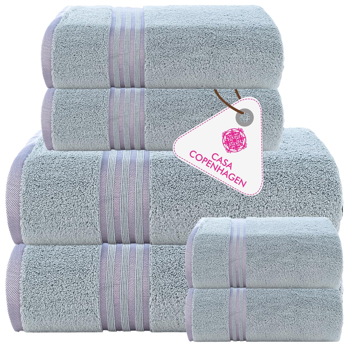 CASA COPENHAGEN 6-Bagno teli Set regalo, 600 GSM,Grigio Viola | Zero Twist, 100% puro cotone egiziano: 2 teli da bagno, 2 mani teli, 2 lavette (set regalo per donne e uomini)