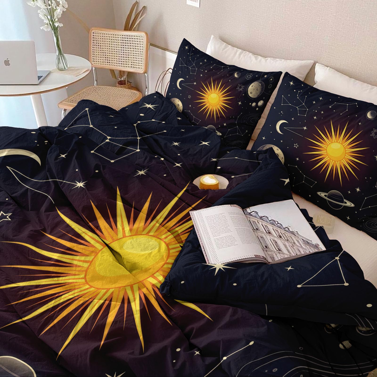 Set di biancheria da letto matrimoniale con copripiumino bohémien, reversibile, in morbida microfibra traspirante, con sole, luna e stelle, 200 x 200 cm, con 2 federe, facile da pulire