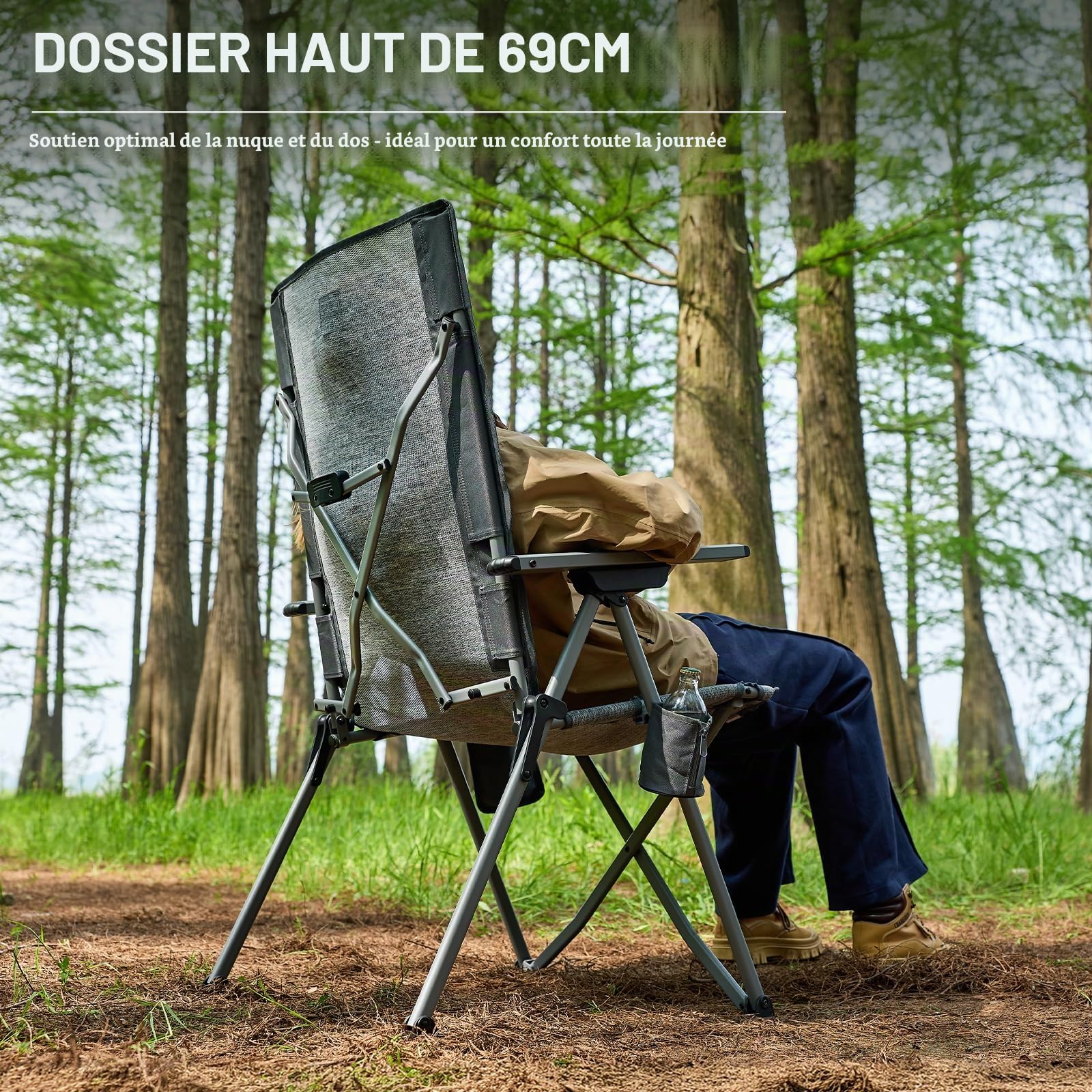 EVER ADVANCED Chaise Camping Pliable, Dossier réglable, Tissu Mesh | Chaise pliante réglable 4 positions 160kg, dossier haut avec poche et porte-gobelet, camping, jardin, gris 1Pc