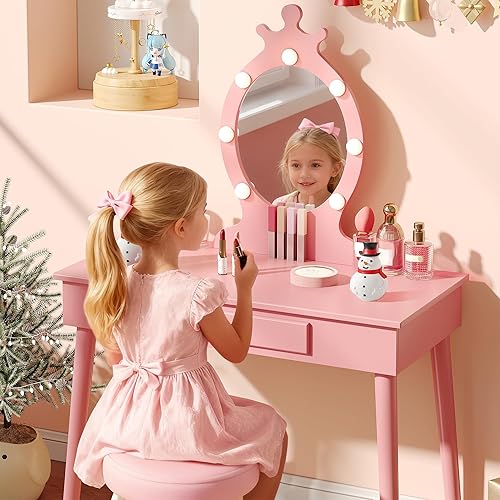 Miniatura 9 de Vabches Juego de tocador para niños con luces, juego de tocador con espejo y taburete, mesa de maquillaje de madera para princesas con cajón para