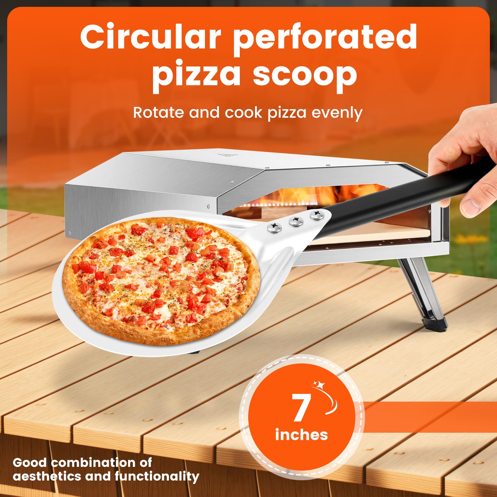 KTZCTPCA Pizza Turning Peel, Perforated Round Anodized Aluminum Perforated Pizza Peel Turner, Pizza Paddle Spinner with Metal Handle, Pizza Paddle Spinner for Outdoor Pizza Oven Accessories (7 Inch)
